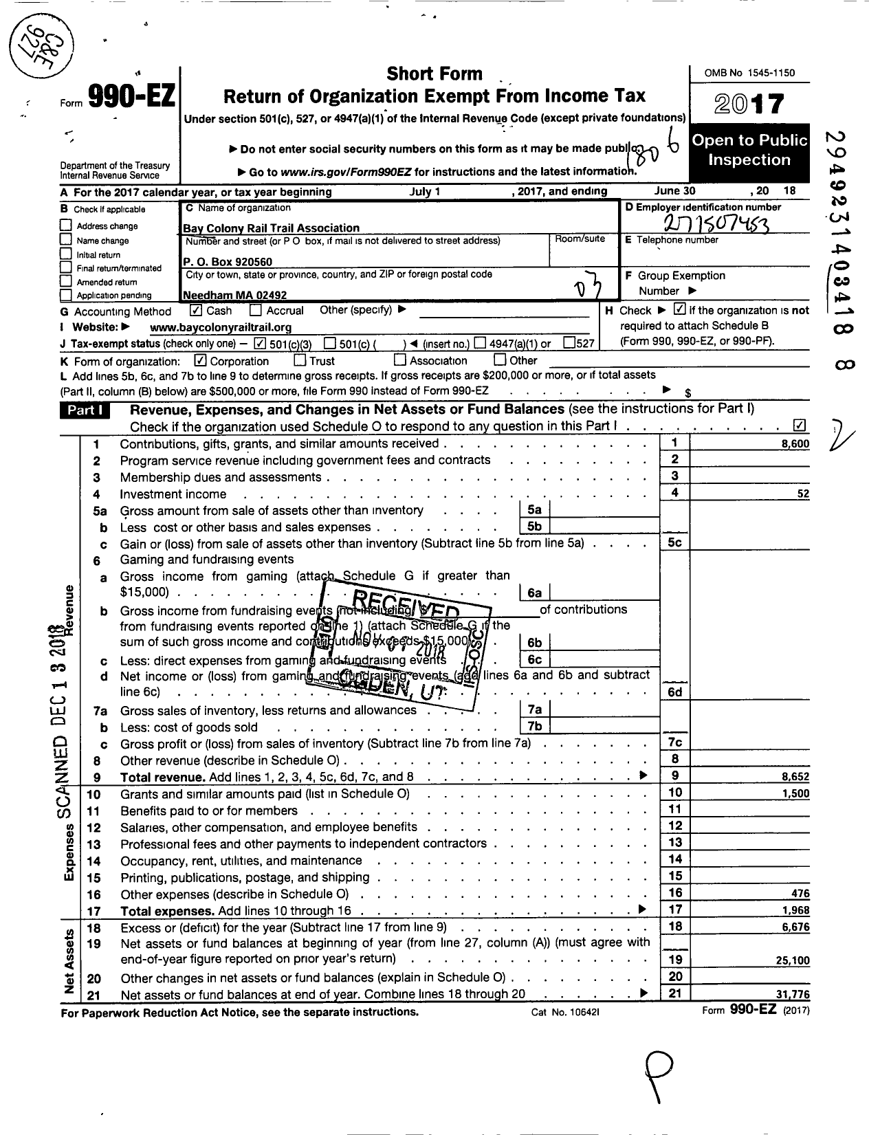 Image of first page of 2017 Form 990EZ for Bay Colony Rail Trail Association