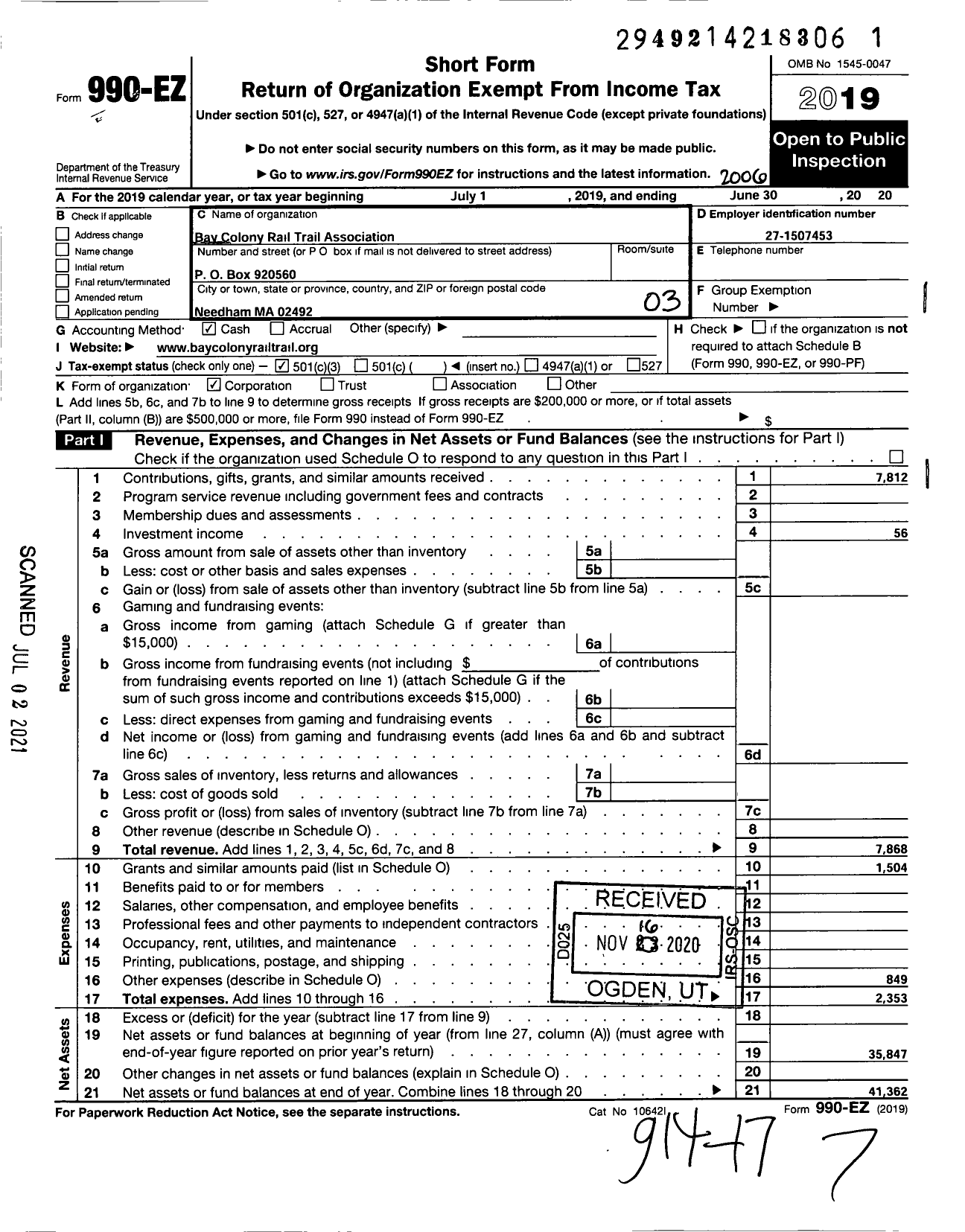 Image of first page of 2019 Form 990EZ for Bay Colony Rail Trail Association