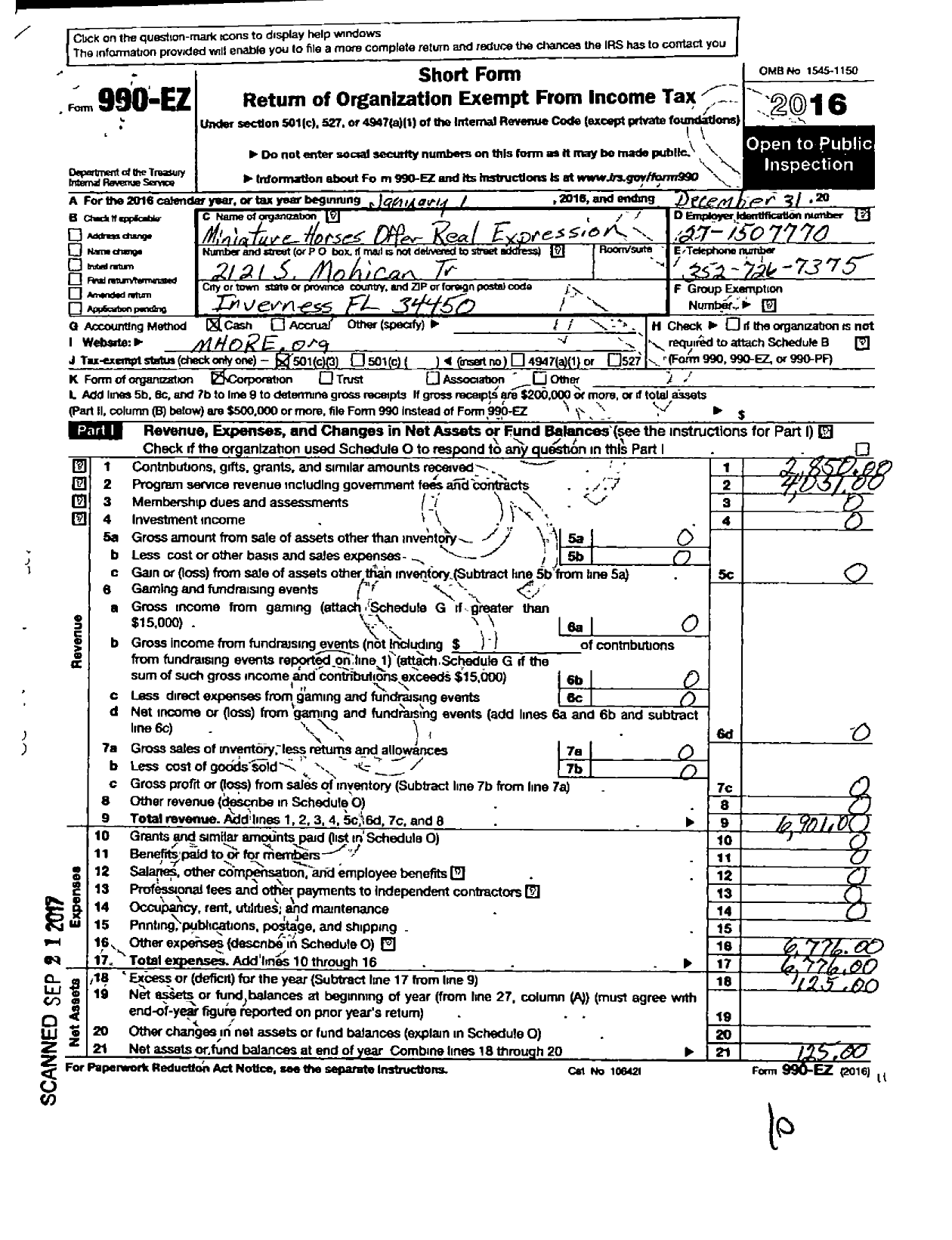 Image of first page of 2016 Form 990EZ for Miniature Horses Offer Real Expressions