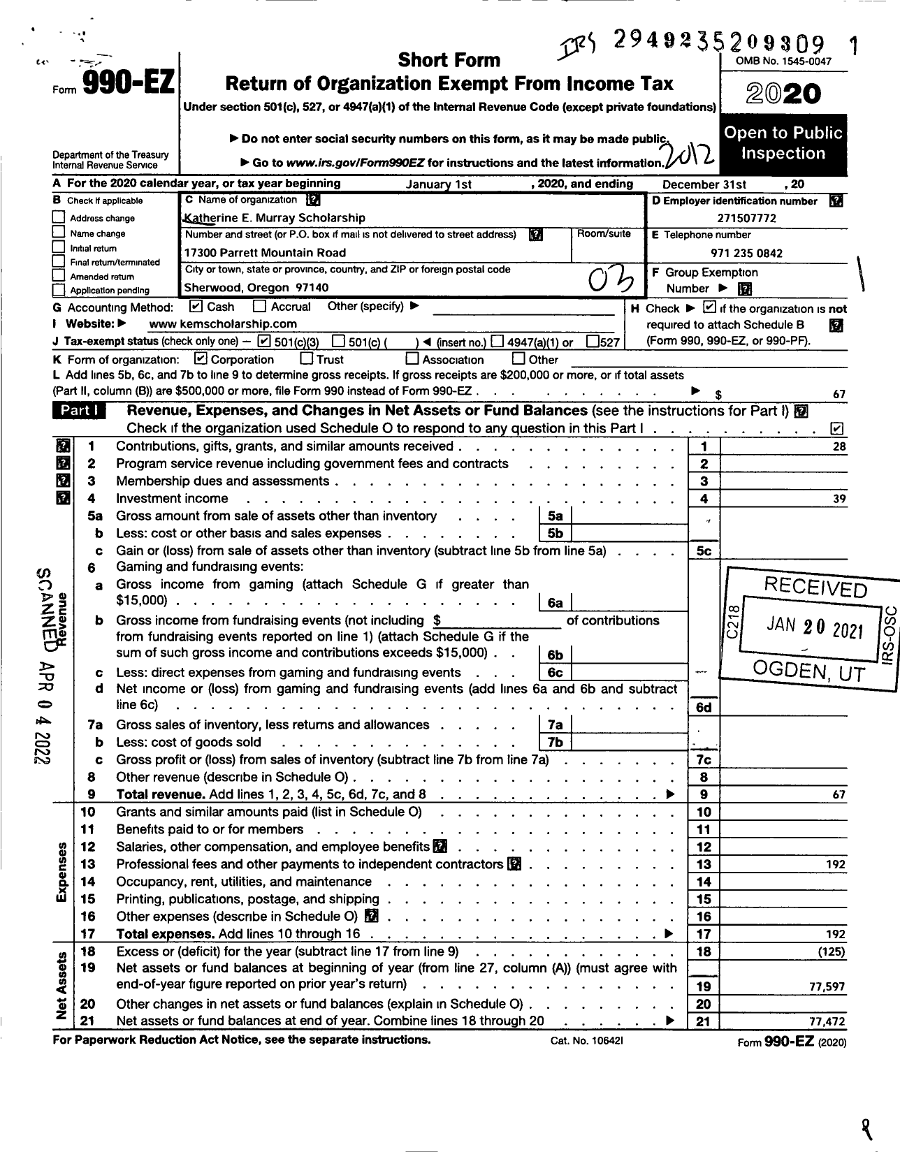 Image of first page of 2020 Form 990EZ for Katherine E Murray Scholarship Fund