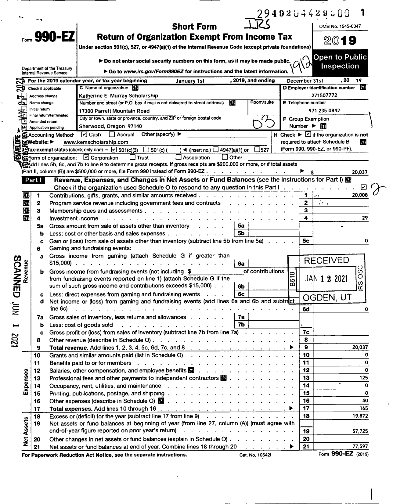 Image of first page of 2019 Form 990EZ for Katherine E Murray Scholarship Fund