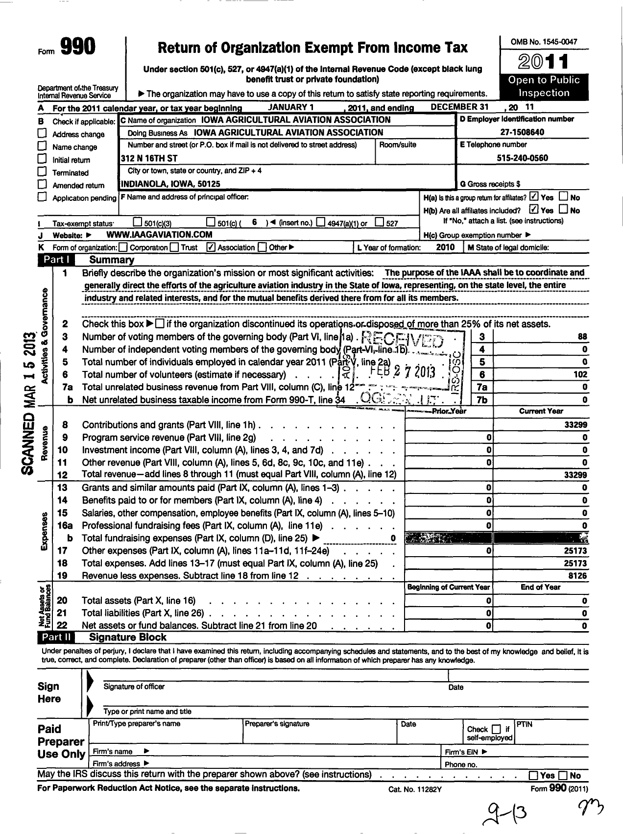 Image of first page of 2011 Form 990O for Iowa Agricultural Aviation Association