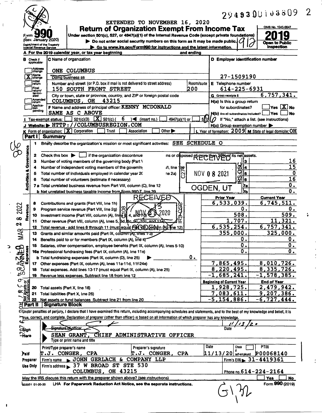 Image of first page of 2019 Form 990O for One Columbus