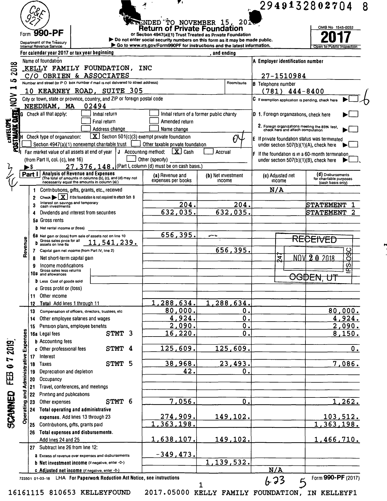 Image of first page of 2017 Form 990PF for Kelly Family Foundation