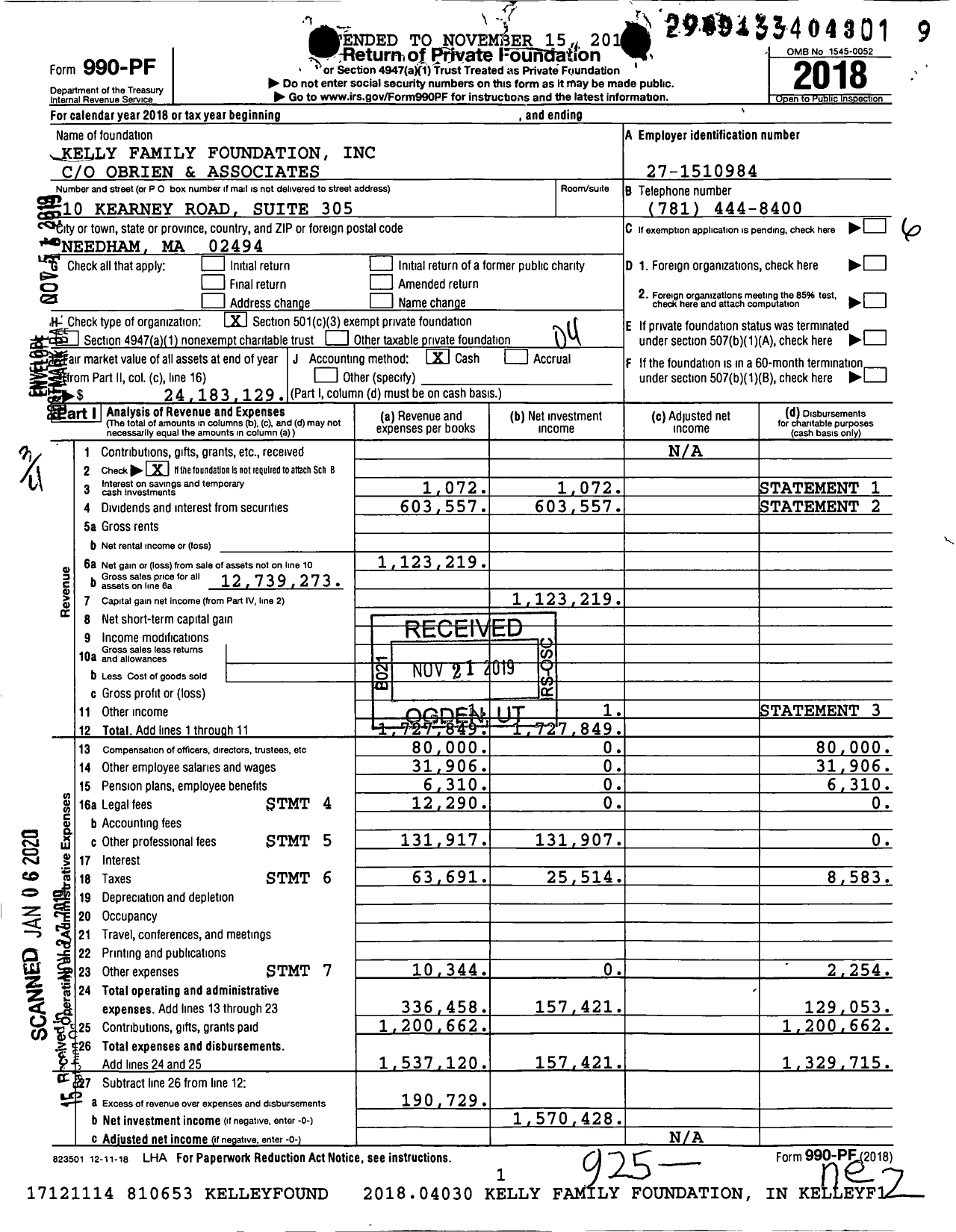 Image of first page of 2018 Form 990PF for Kelly Family Foundation