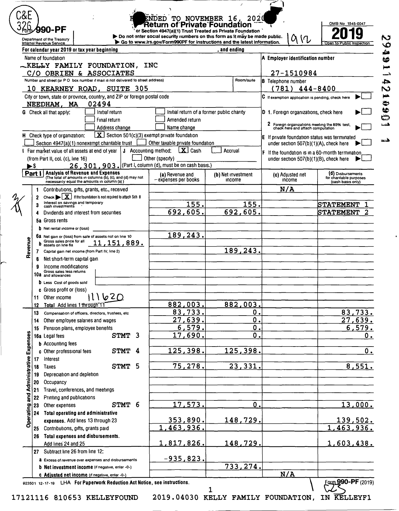 Image of first page of 2019 Form 990PF for Kelly Family Foundation