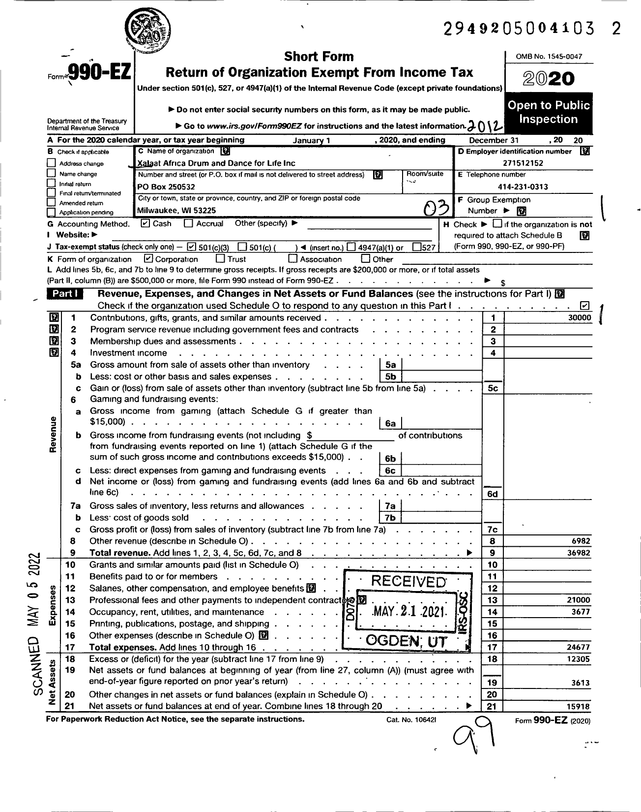 Image of first page of 2020 Form 990EZ for Xalaat Africa Drum and Dance for Life