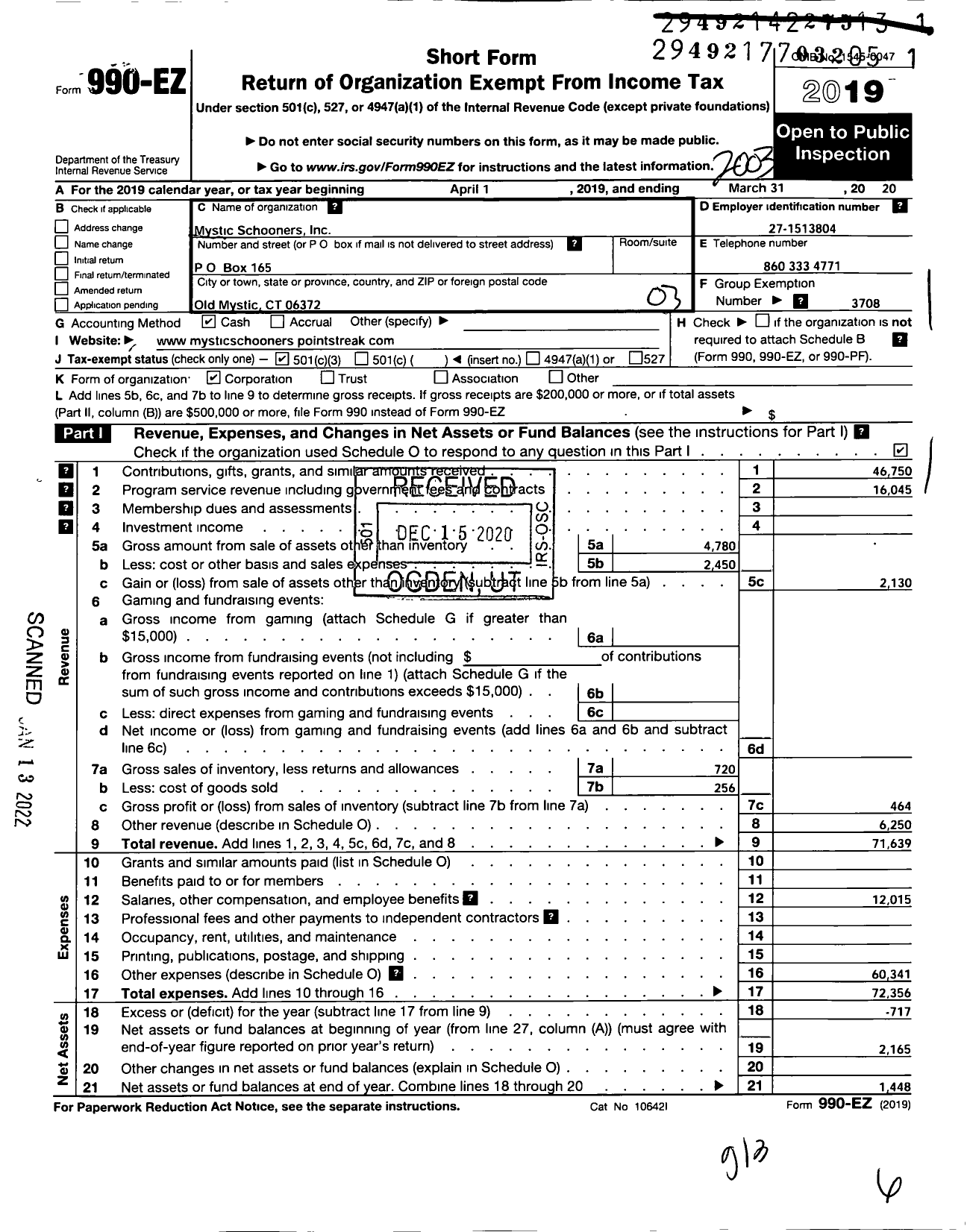 Image of first page of 2019 Form 990EZ for New England Collegiate Baseball League / Mystic Schooners Baseball Club