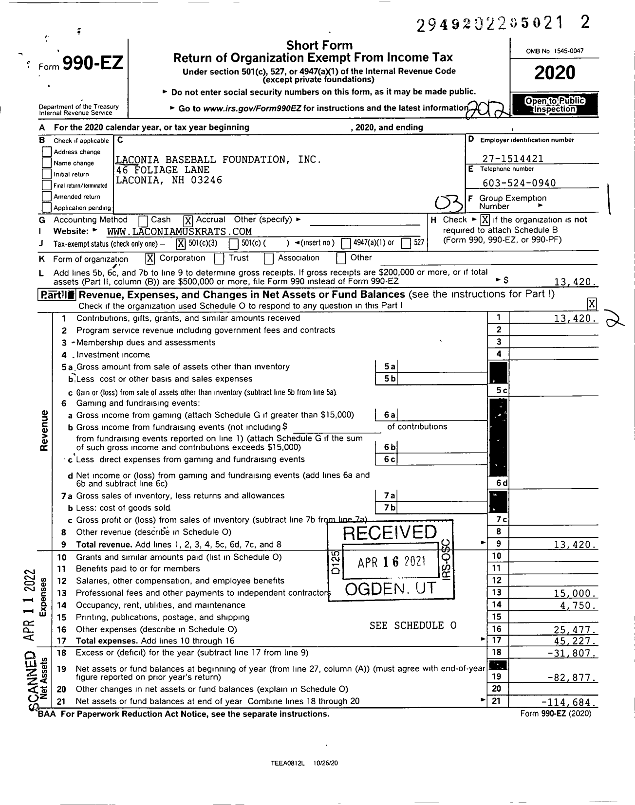 Image of first page of 2020 Form 990EZ for Laconia Baseball Foundation