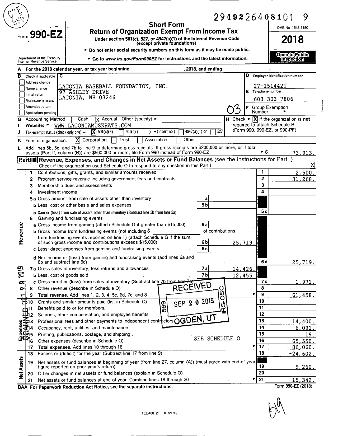 Image of first page of 2018 Form 990EZ for Laconia Baseball Foundation