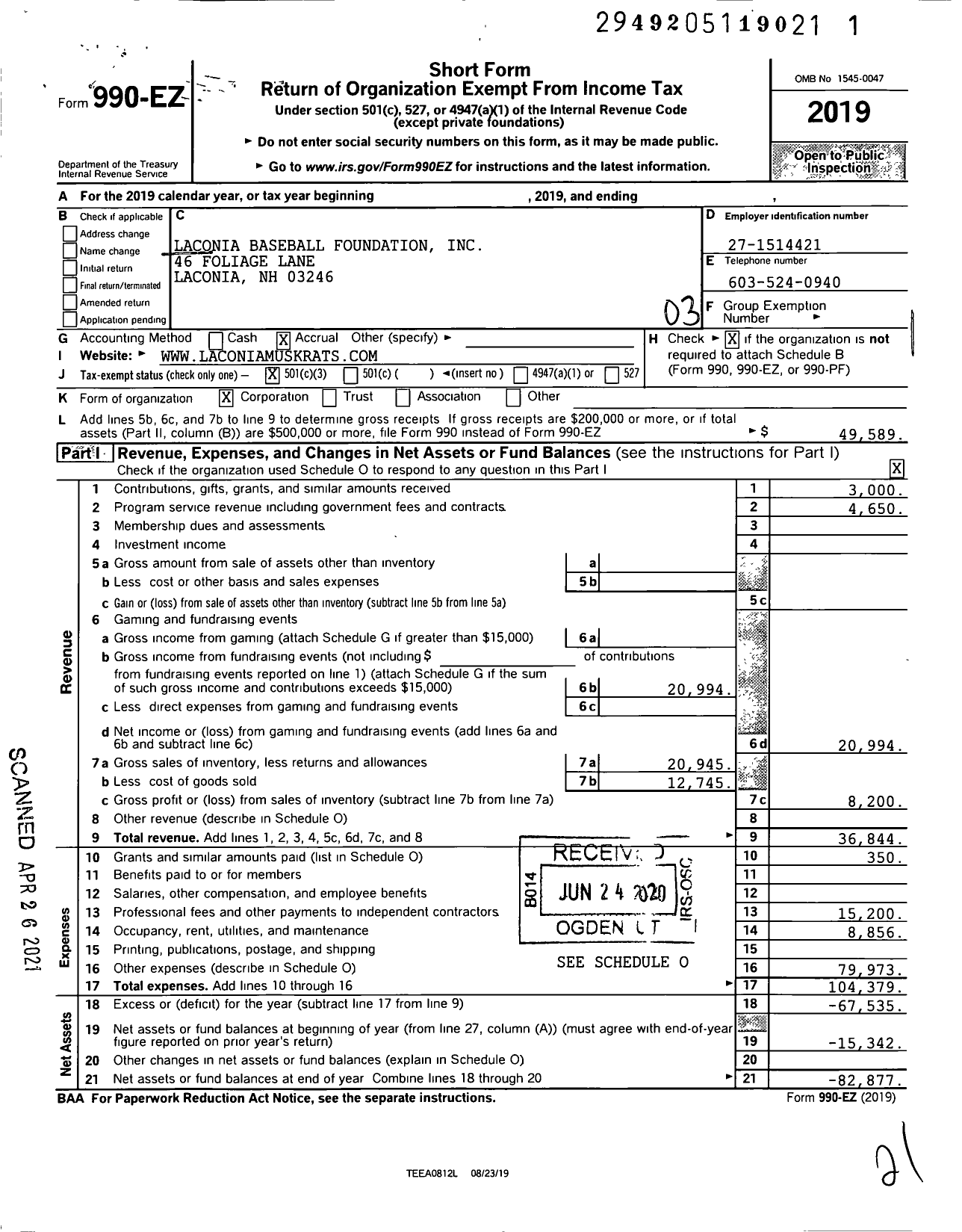 Image of first page of 2019 Form 990EZ for Laconia Baseball Foundation