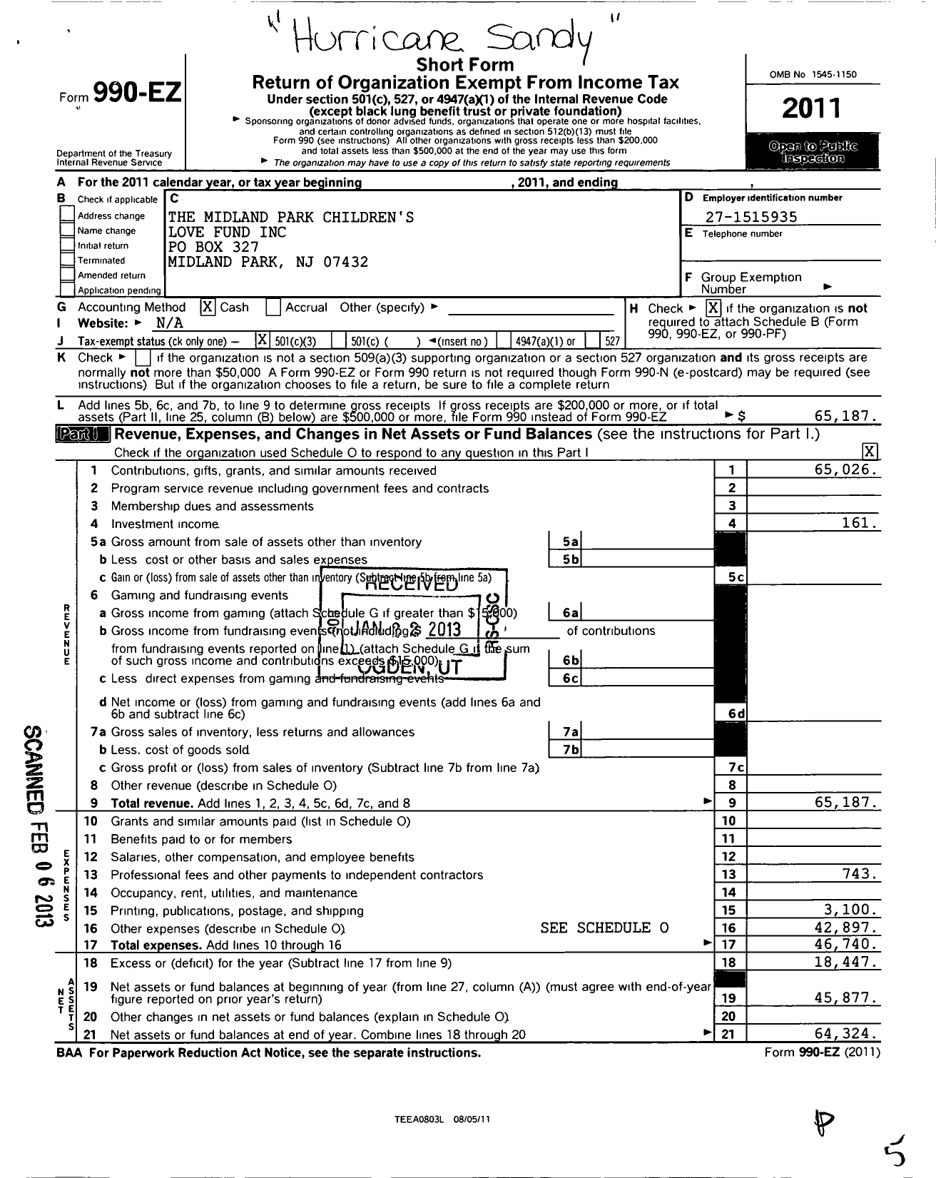 Image of first page of 2011 Form 990EZ for Midland Park Childrens Love Fund