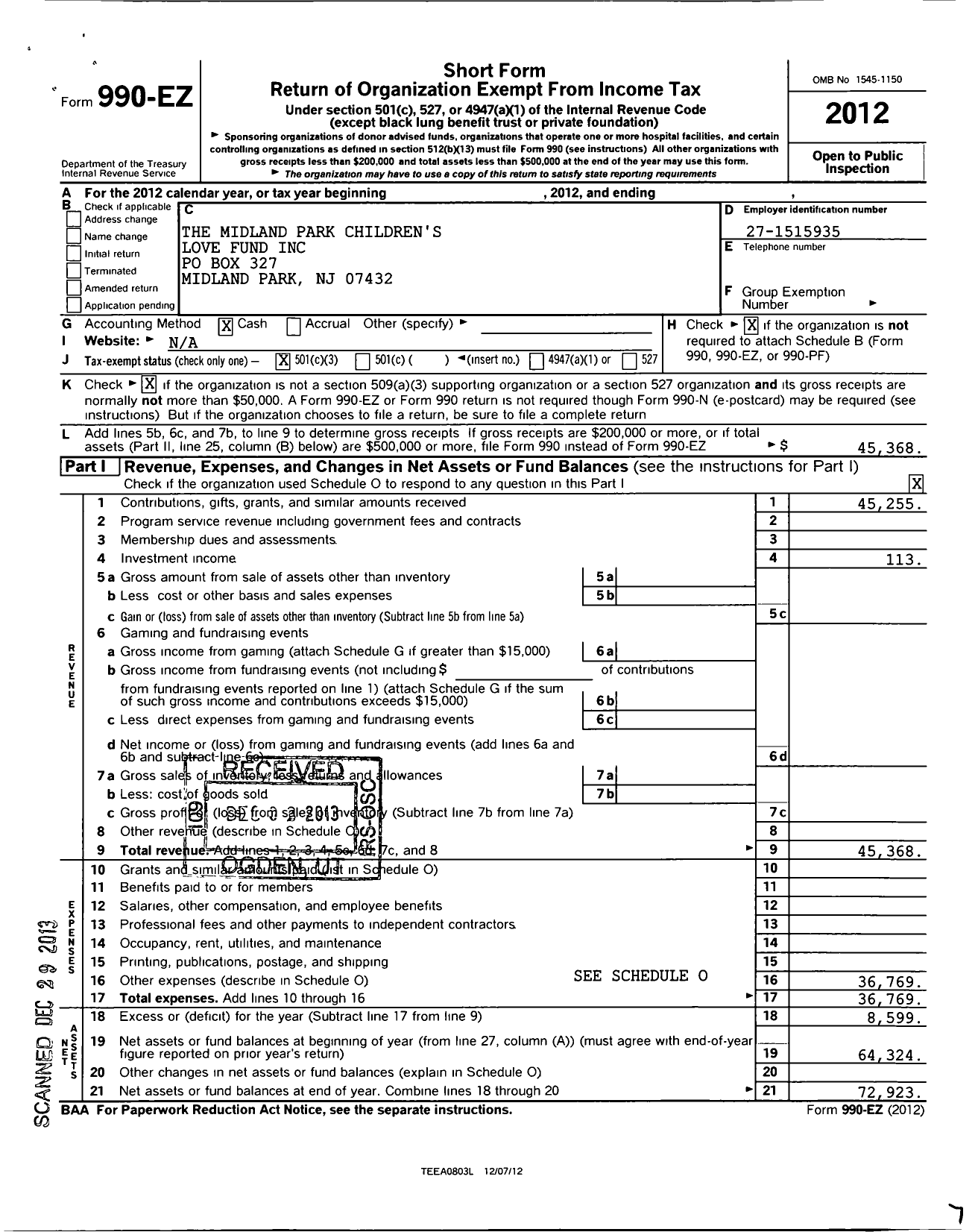 Image of first page of 2012 Form 990EZ for Midland Park Childrens Love Fund