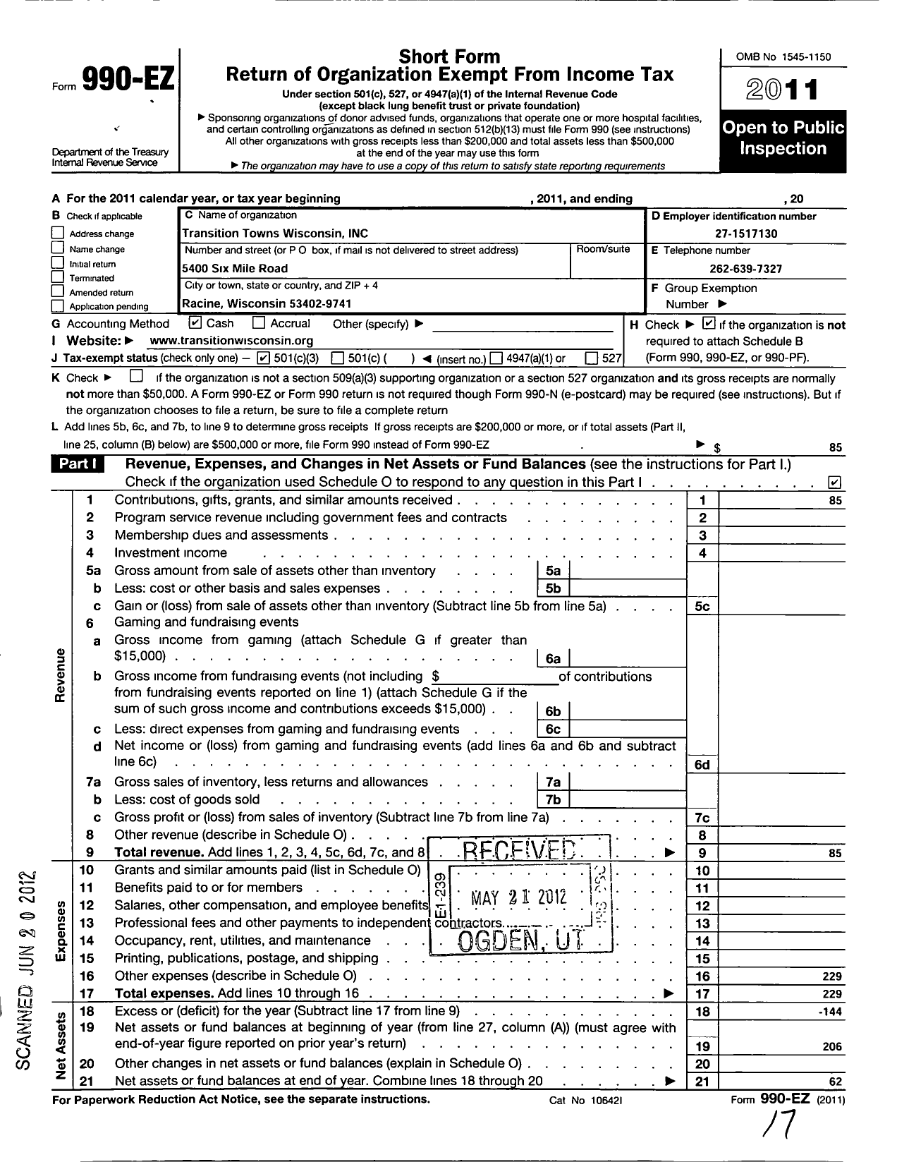 Image of first page of 2011 Form 990EZ for Transition Towns Wisconsin