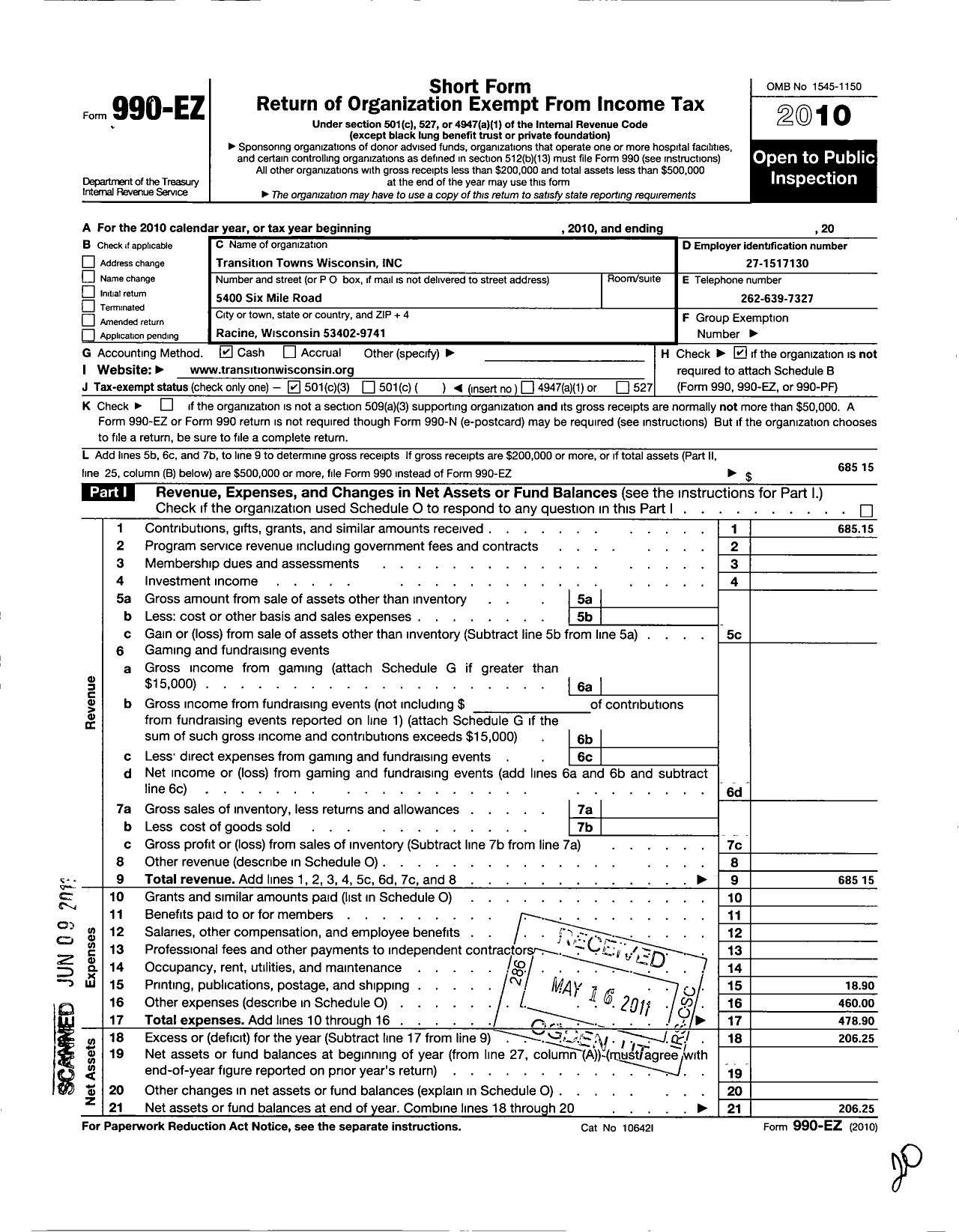 Image of first page of 2010 Form 990EZ for Transition Towns Wisconsin