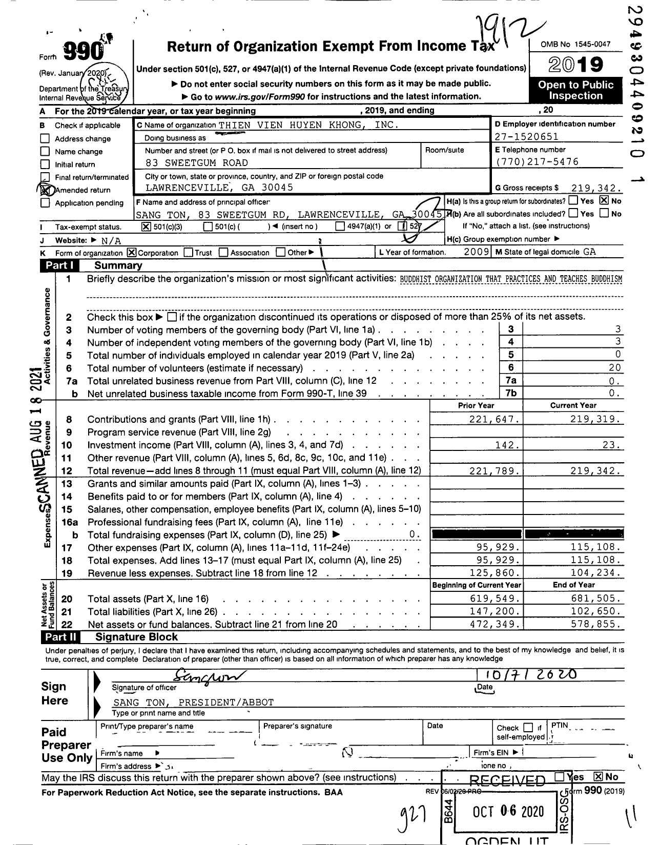 Image of first page of 2019 Form 990 for Buddhist Temple