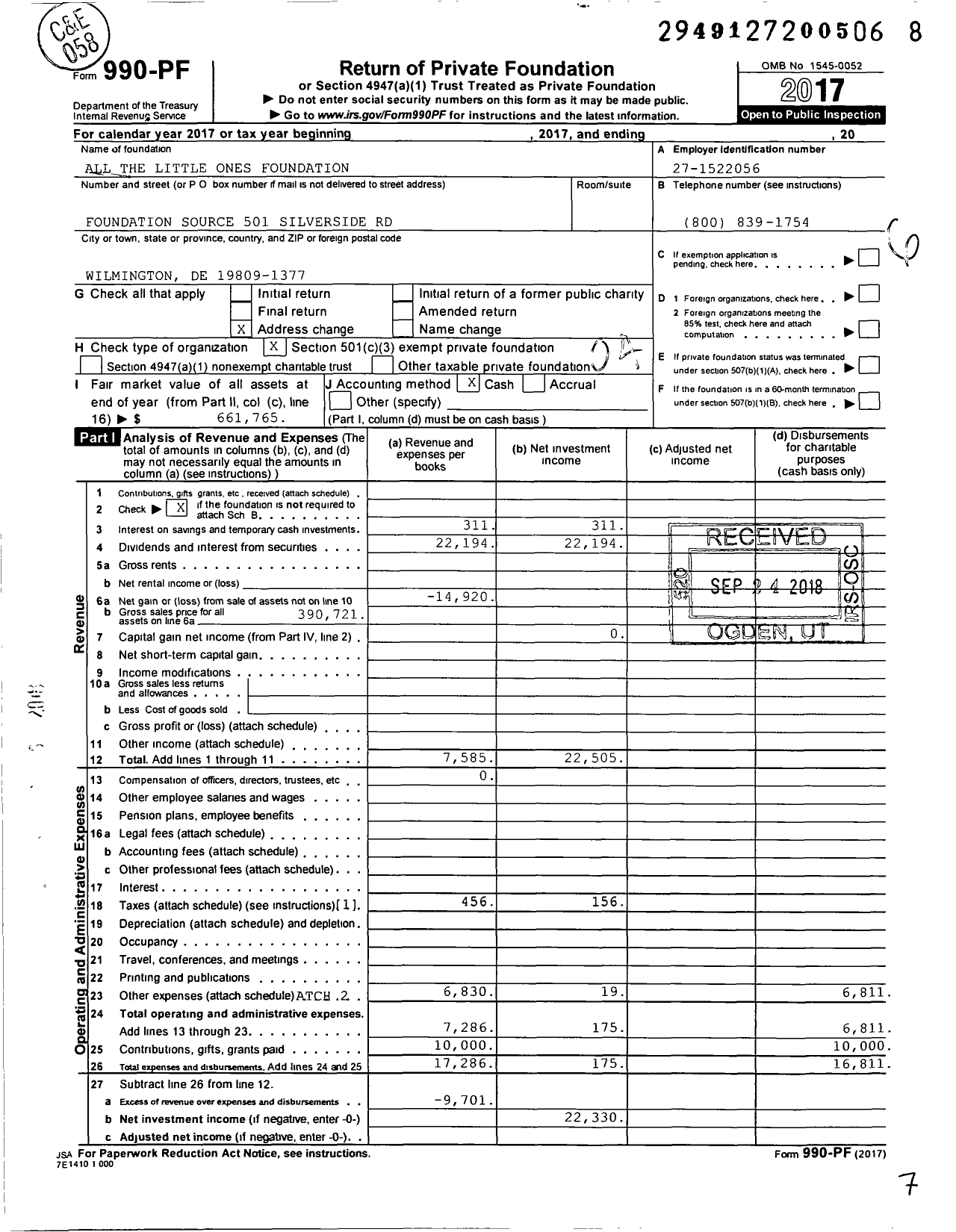Image of first page of 2017 Form 990PF for All the Little Ones Foundation