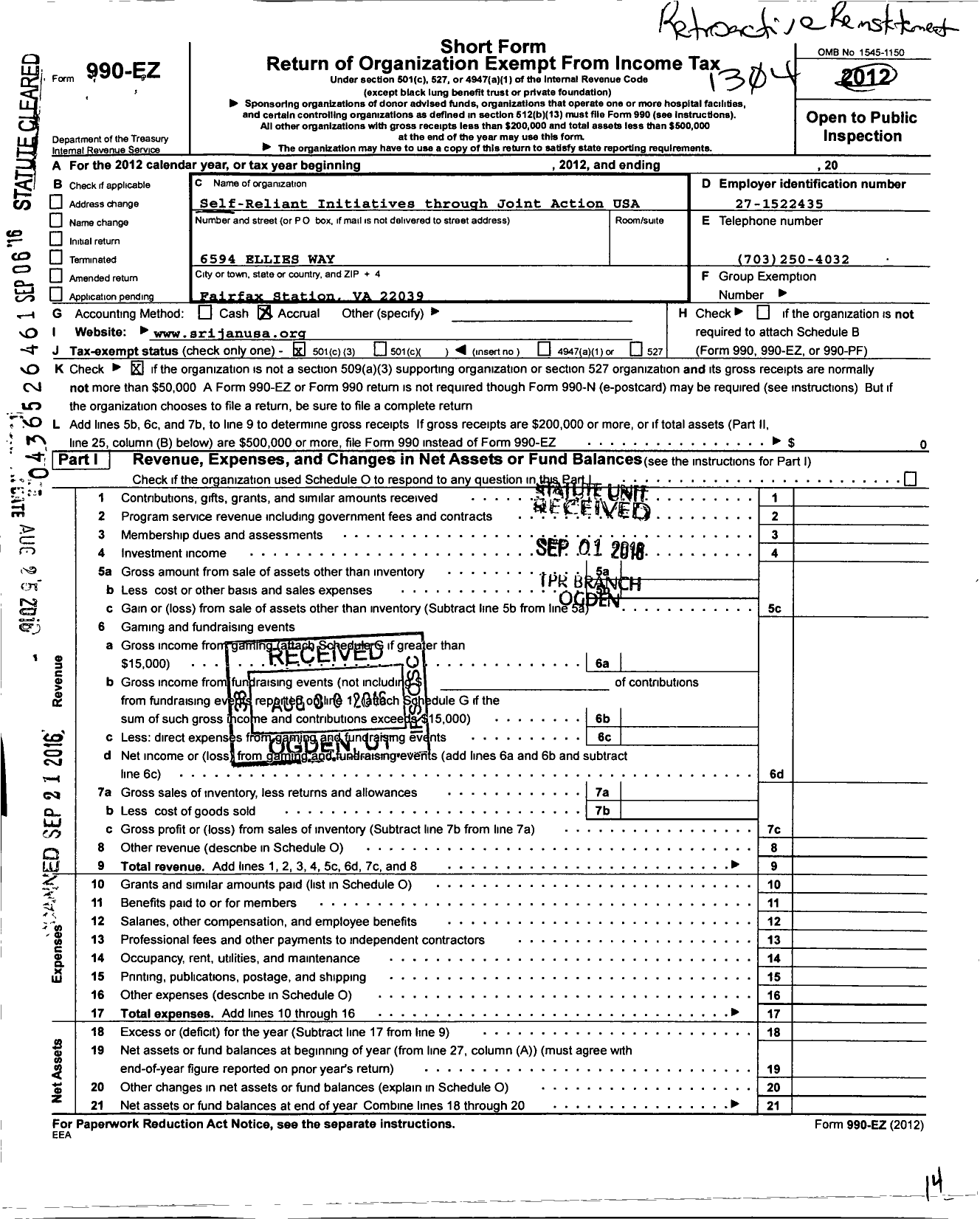 Image of first page of 2012 Form 990EZ for Village Invest