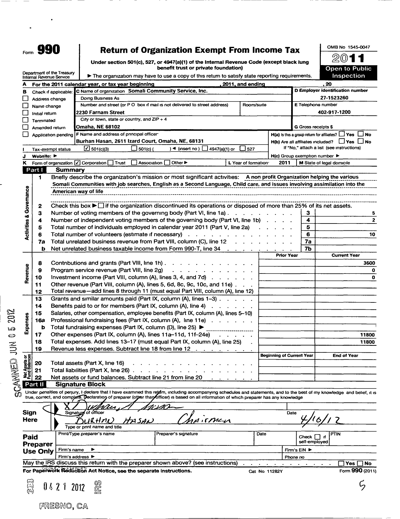 Image of first page of 2011 Form 990 for Somali Community Services