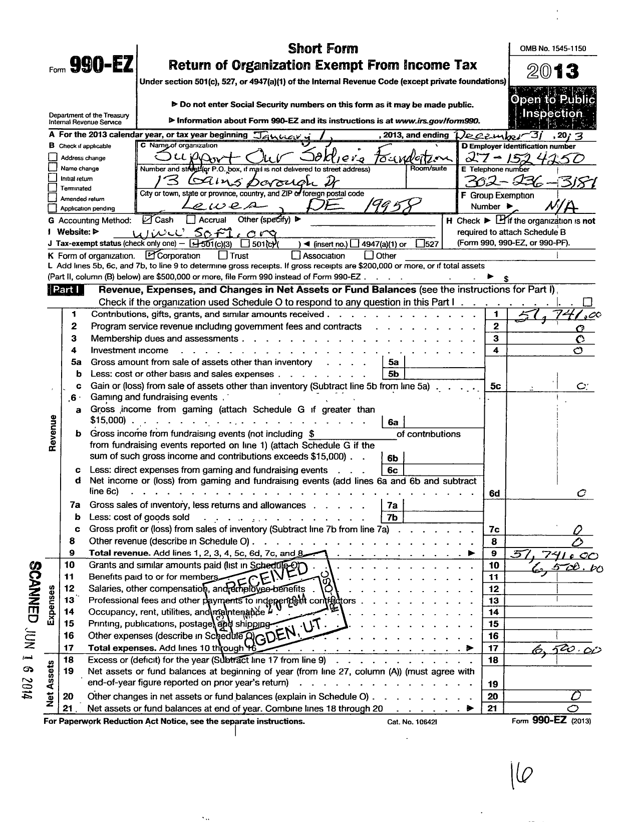 Image of first page of 2013 Form 990EZ for Support Our Soldiers Foundation