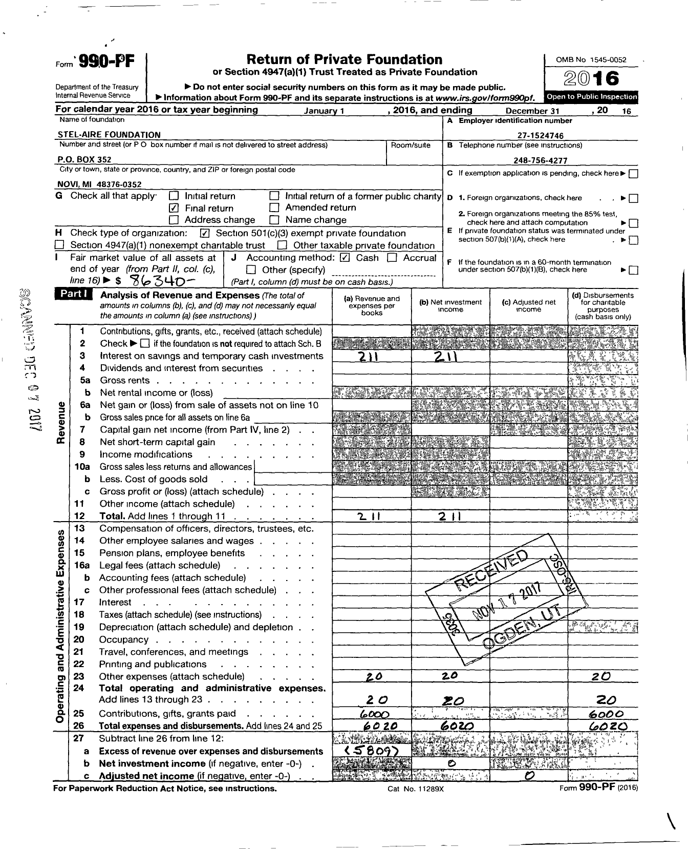 Image of first page of 2016 Form 990PF for Stel-Aire Foundation