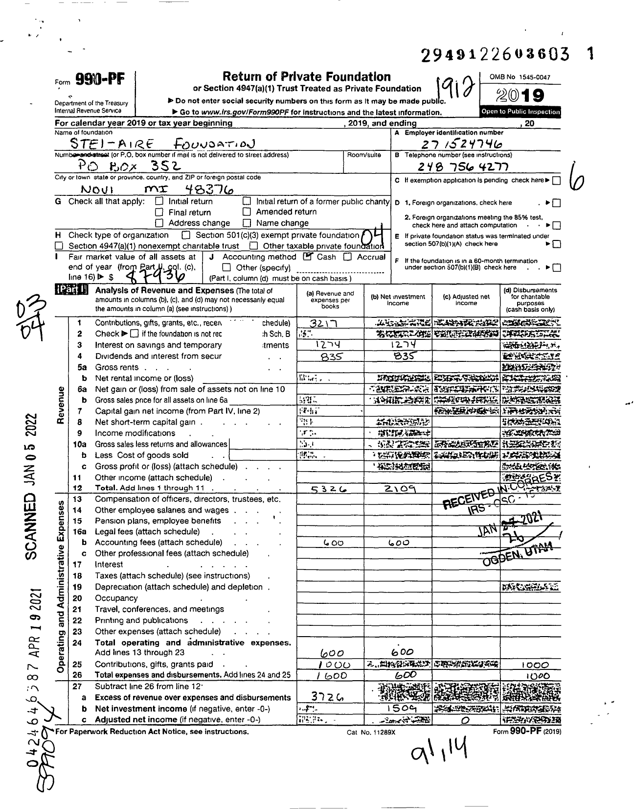 Image of first page of 2019 Form 990PF for Stel-Aire Foundation