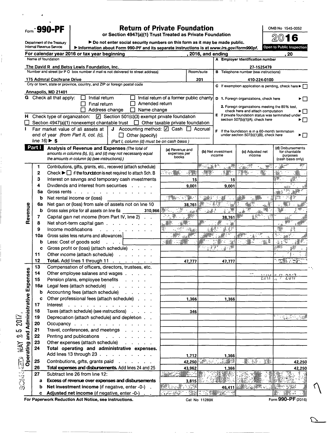 Image of first page of 2016 Form 990PF for The David R Lewis Family Foundation