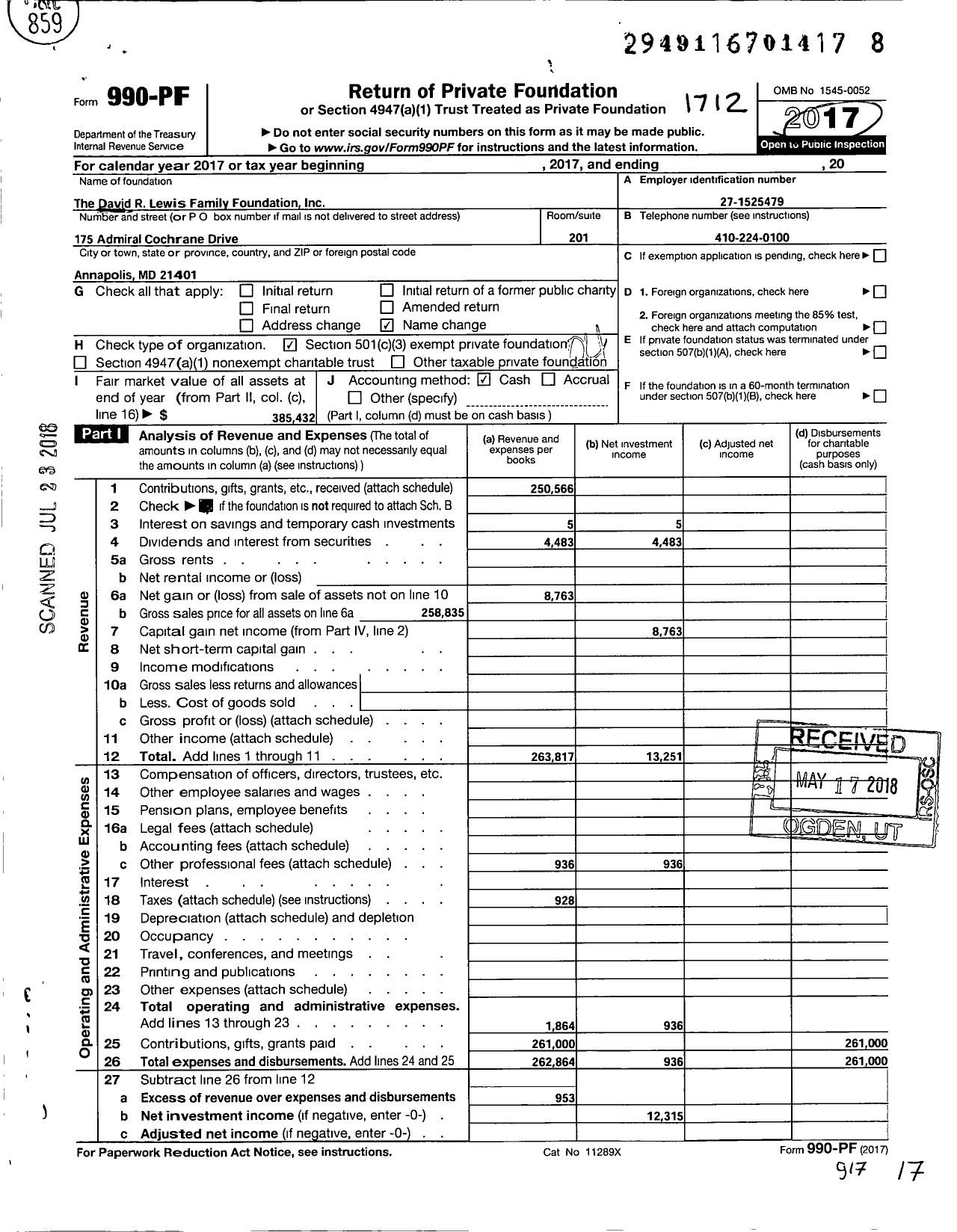 Image of first page of 2017 Form 990PF for The David R Lewis Family Foundation