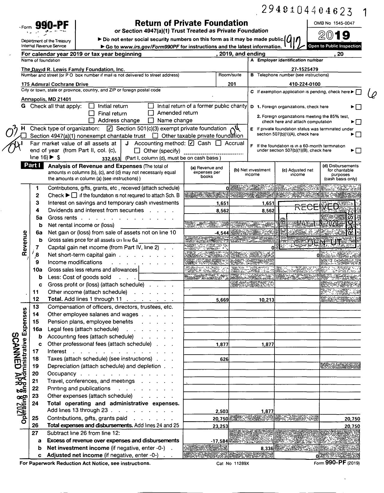 Image of first page of 2019 Form 990PF for The David R Lewis Family Foundation