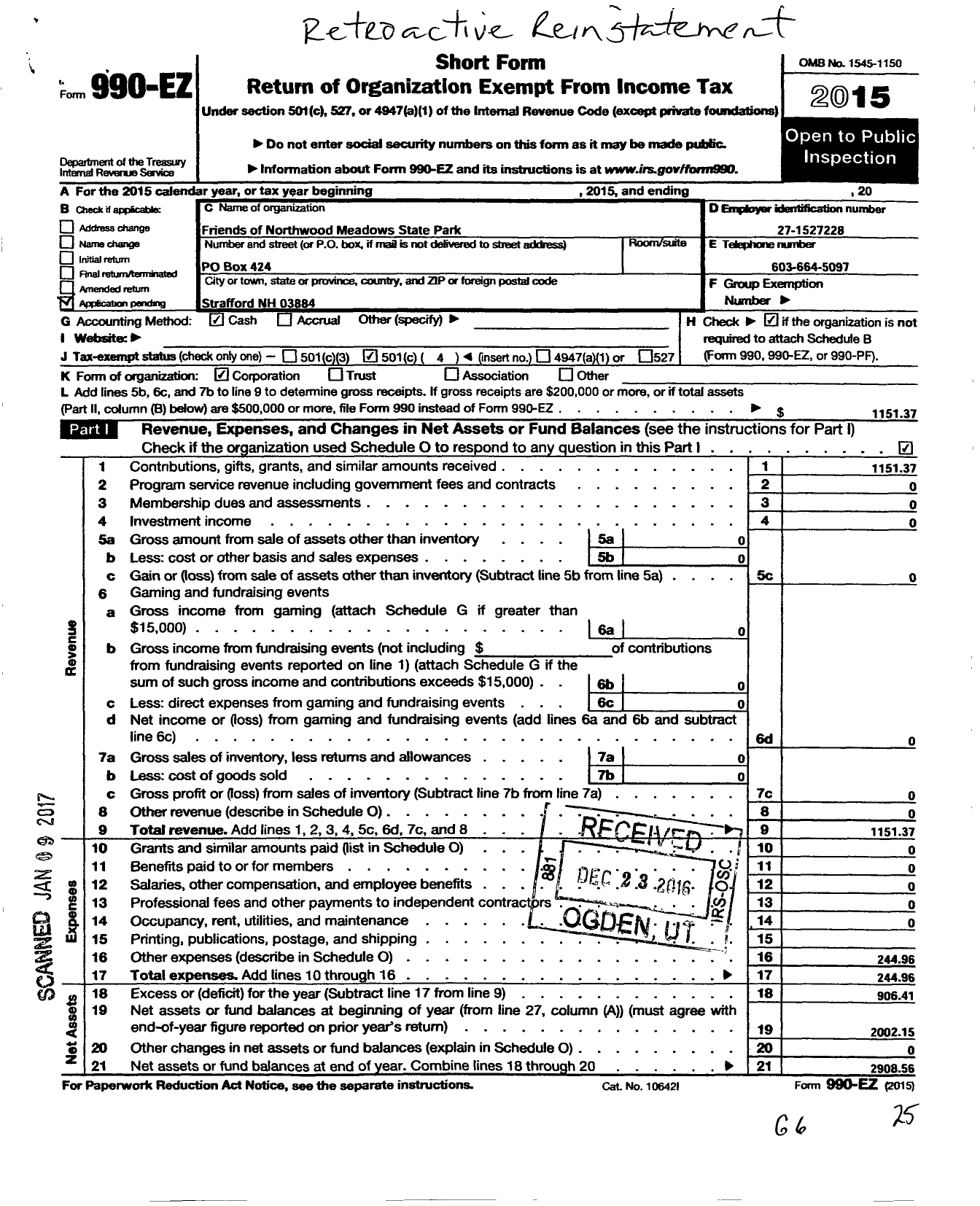 Image of first page of 2015 Form 990EO for Friends of Northwood Meadows State Park