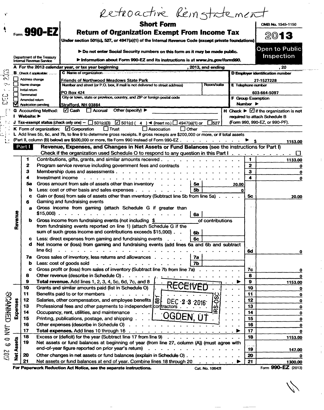 Image of first page of 2013 Form 990EO for Friends of Northwood Meadows State Park