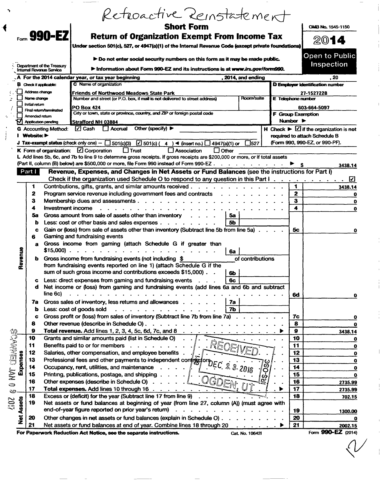 Image of first page of 2014 Form 990EO for Friends of Northwood Meadows State Park