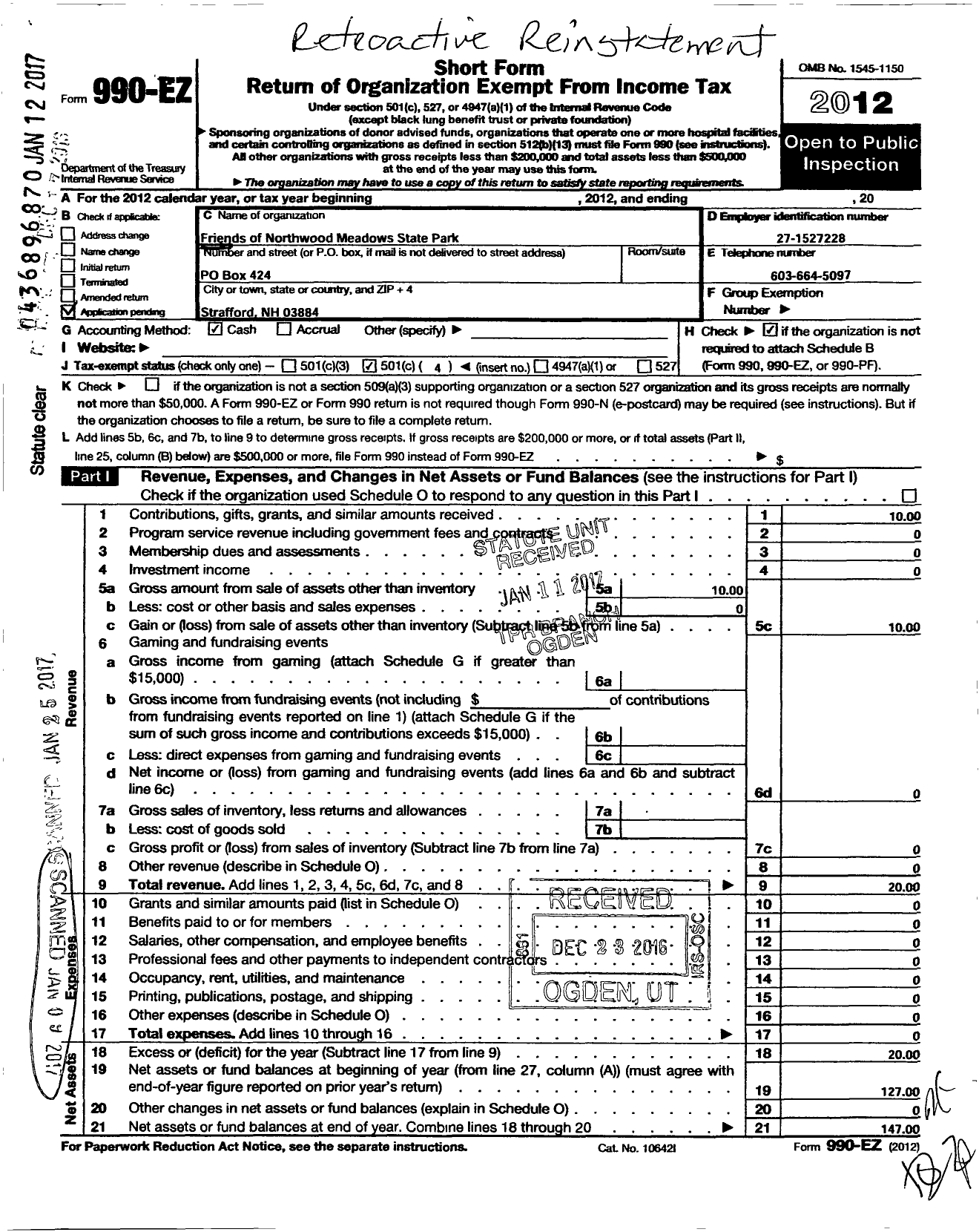 Image of first page of 2012 Form 990EO for Friends of Northwood Meadows State Park