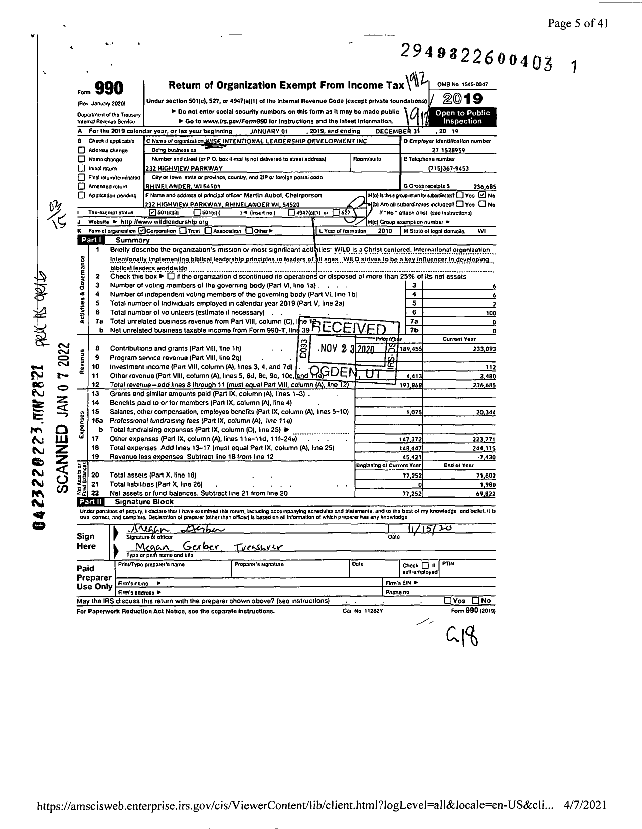 Image of first page of 2019 Form 990 for Wise Intentional Leadership Development (WILD)