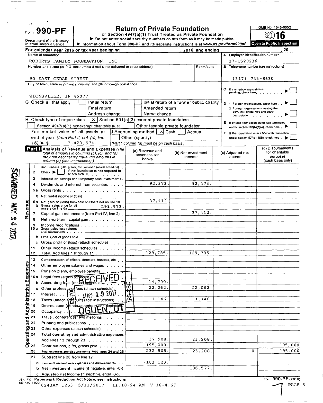 Image of first page of 2016 Form 990PF for Roberts Family Foundation