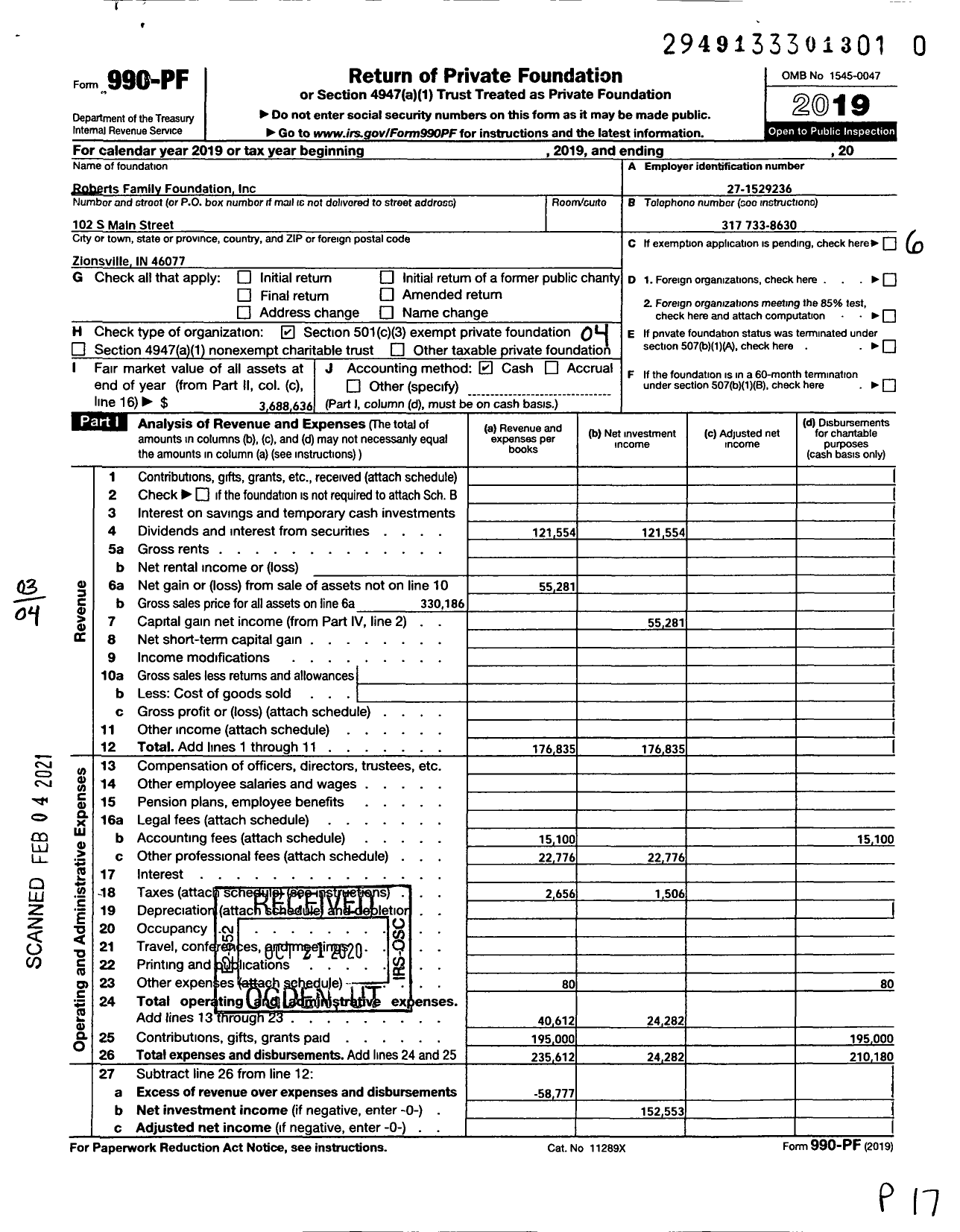 Image of first page of 2019 Form 990PF for Roberts Family Foundation