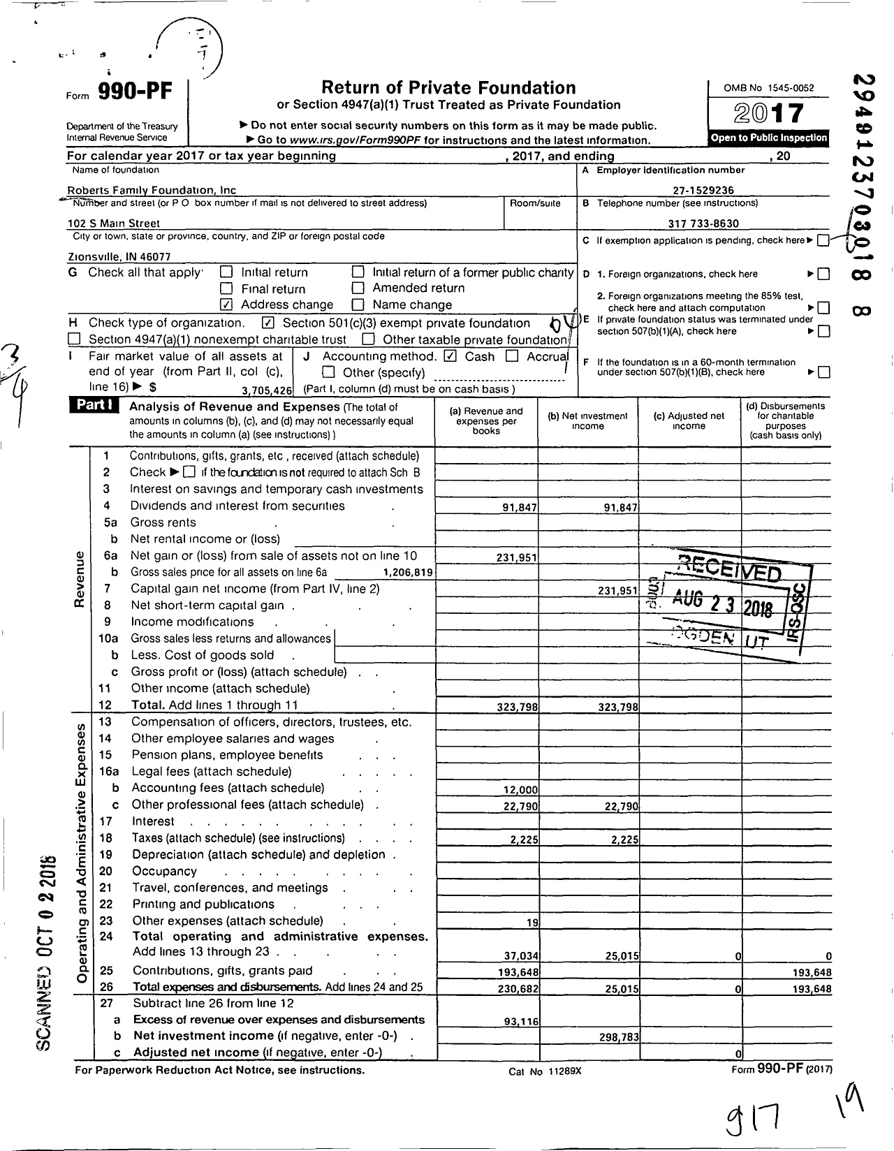Image of first page of 2017 Form 990PF for Roberts Family Foundation