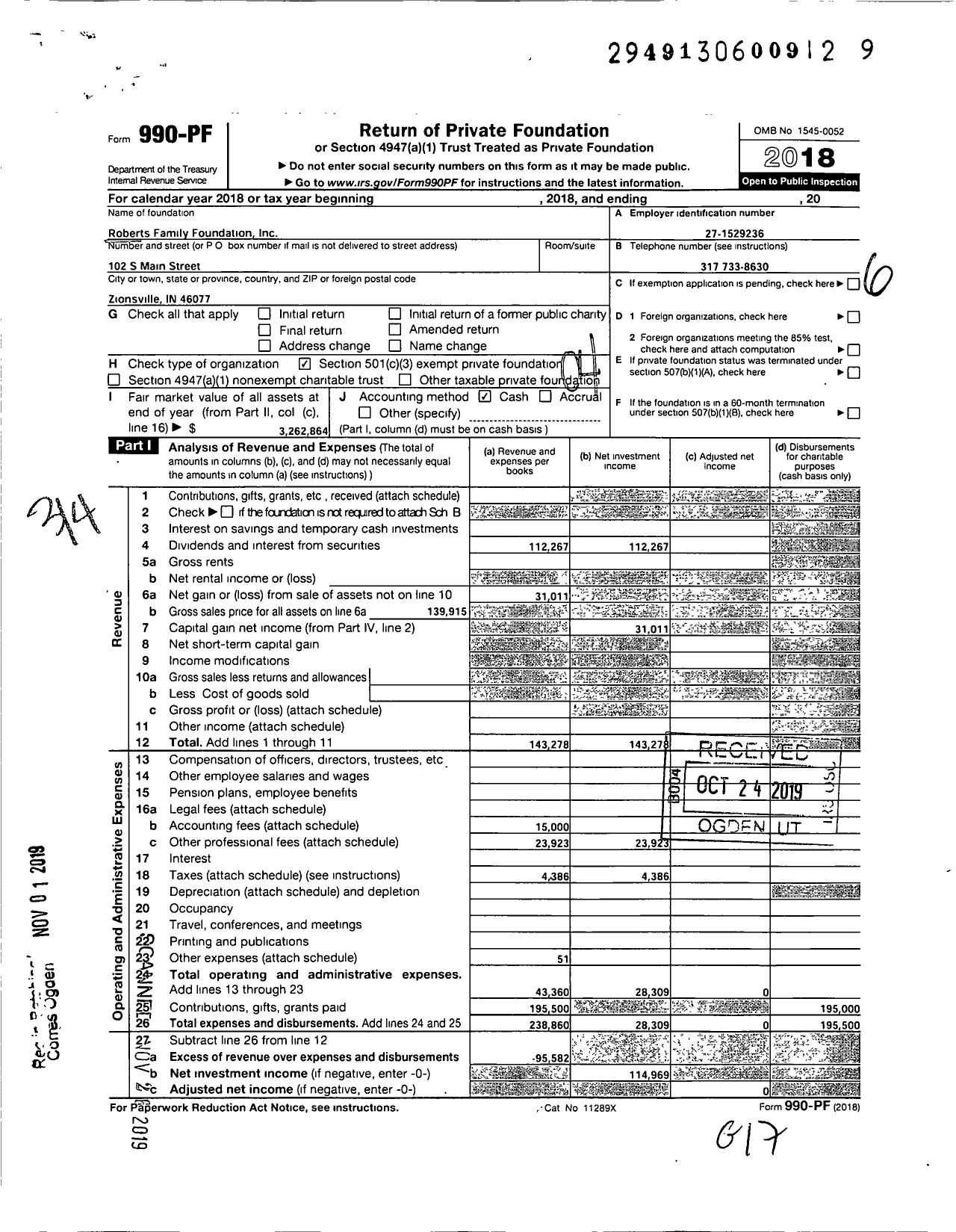 Image of first page of 2018 Form 990PF for Roberts Family Foundation