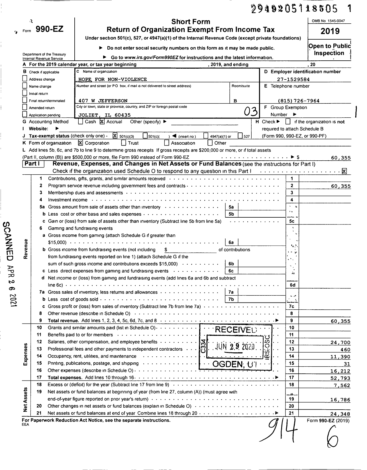 Image of first page of 2019 Form 990EZ for Hope for Non-Violence