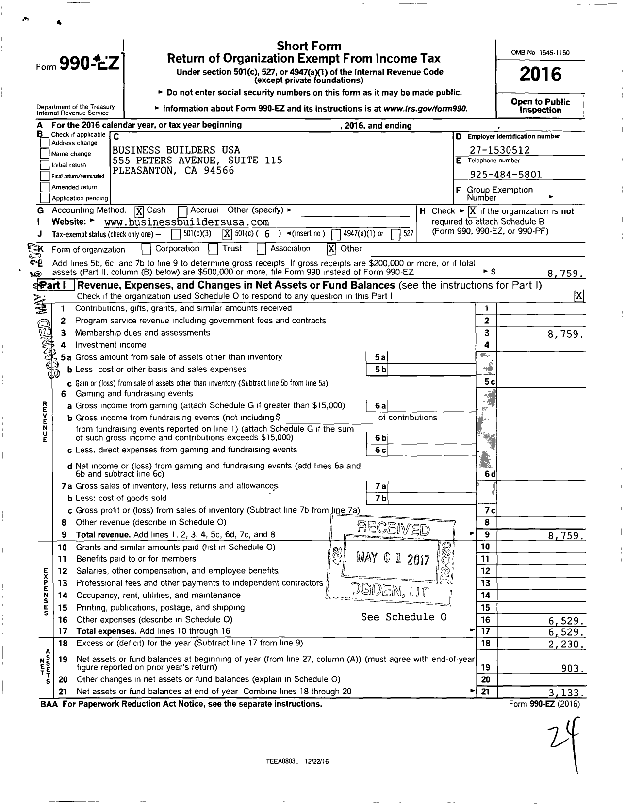 Image of first page of 2016 Form 990EO for Business Builders USA