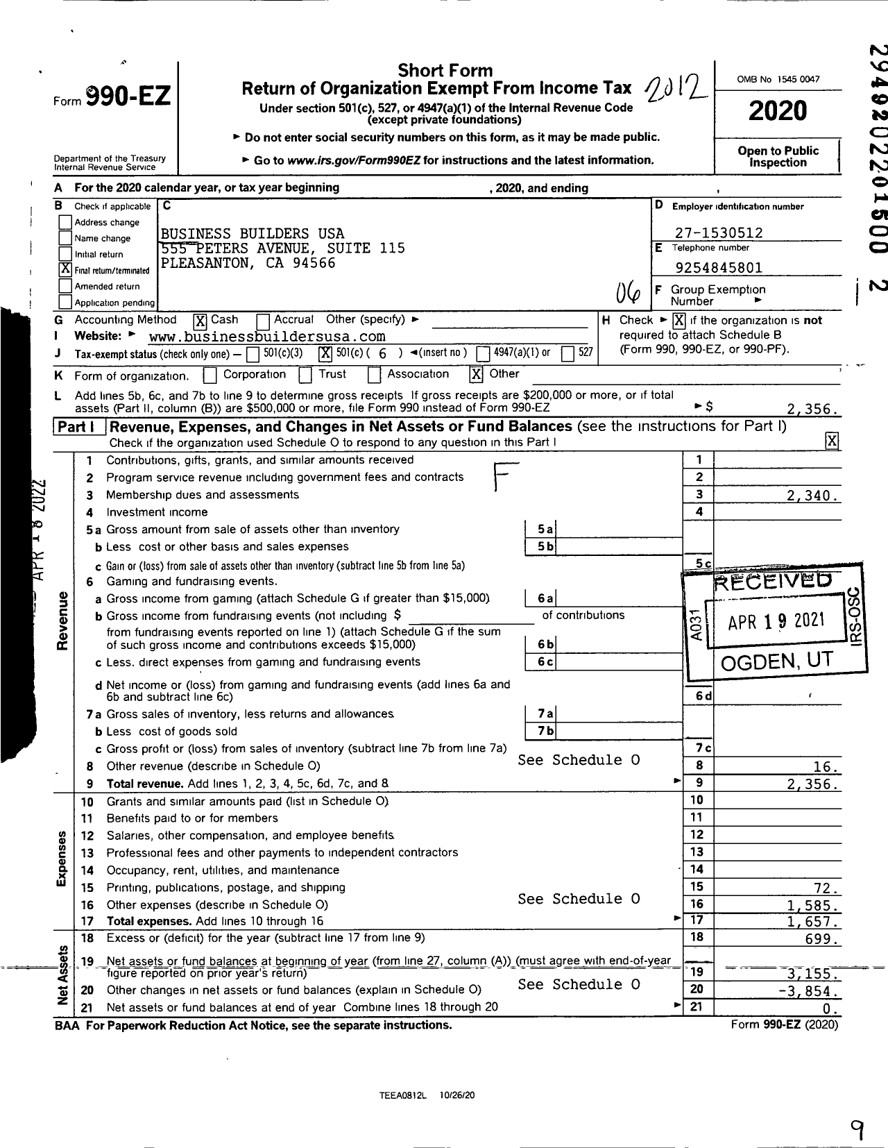 Image of first page of 2020 Form 990EO for Business Builders USA