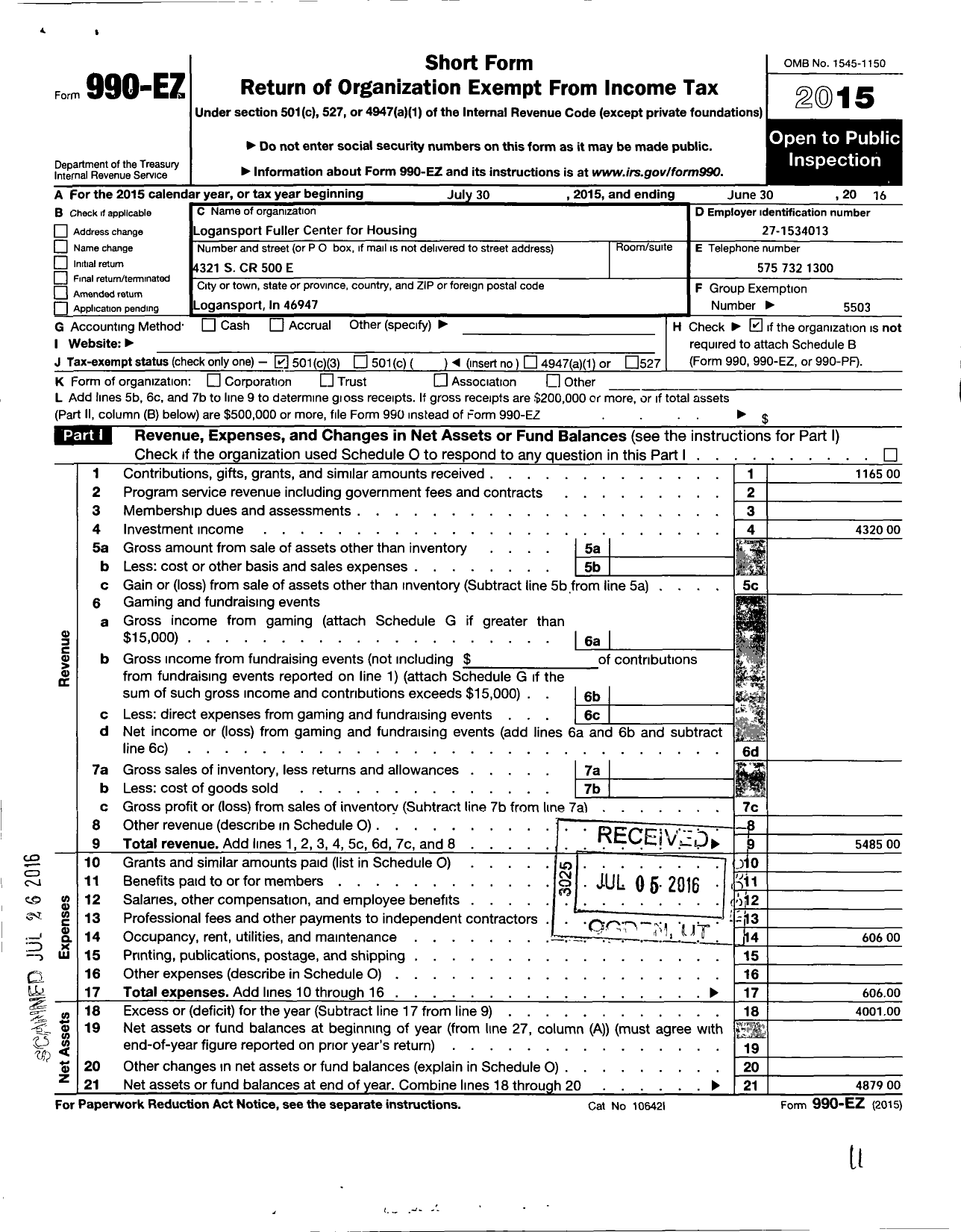 Image of first page of 2015 Form 990EZ for Logansport Fuller Center for Housing