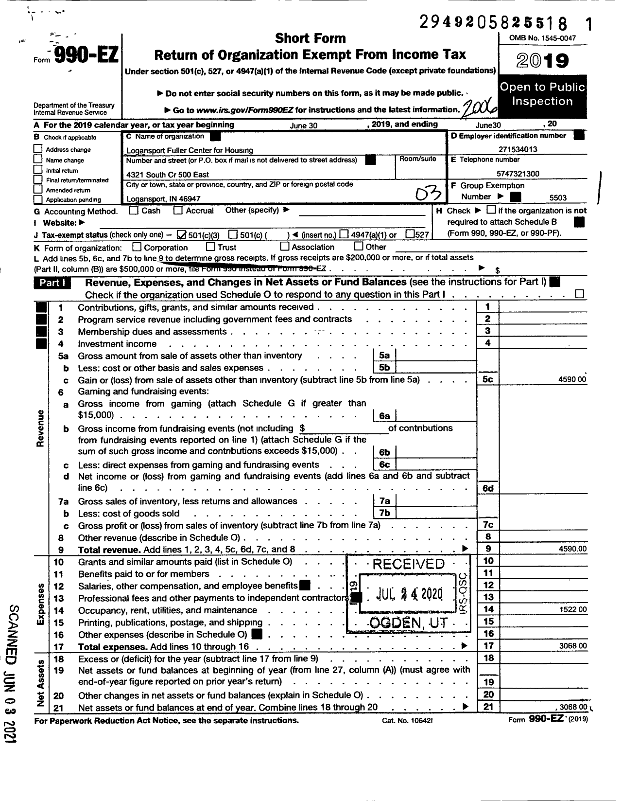 Image of first page of 2019 Form 990EZ for Logansport Fuller Center for Housing