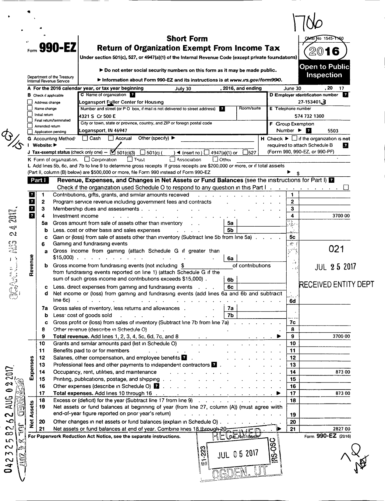 Image of first page of 2016 Form 990EZ for Logansport Fuller Center for Housing