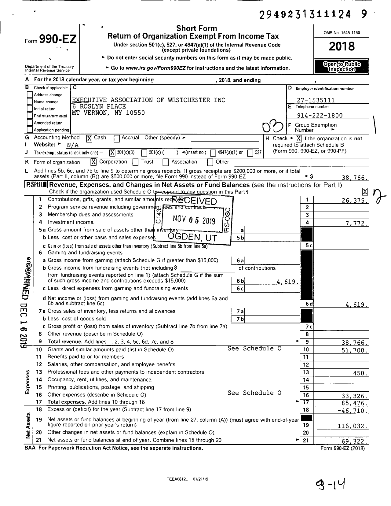 Image of first page of 2018 Form 990EZ for Executive Association of Westchester