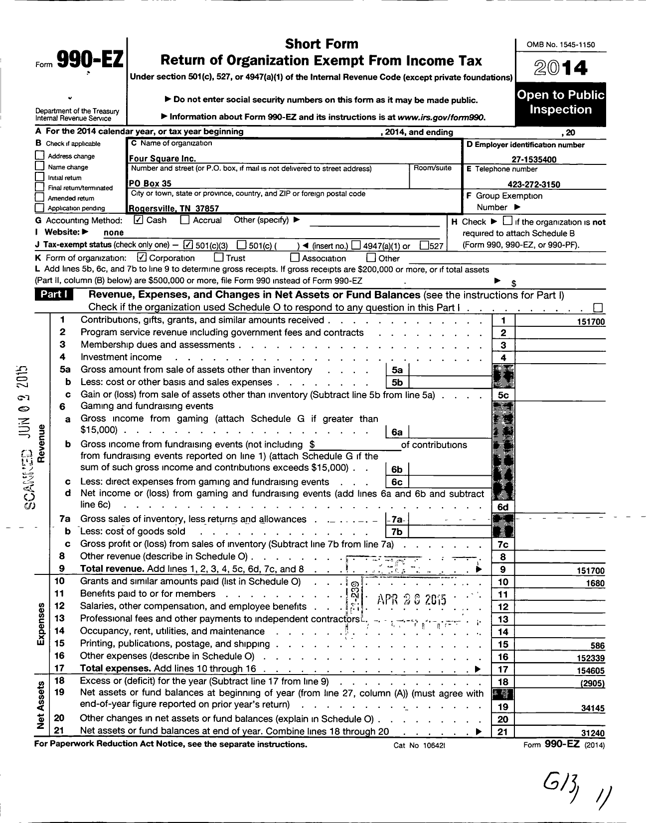 Image of first page of 2014 Form 990EZ for Four Square