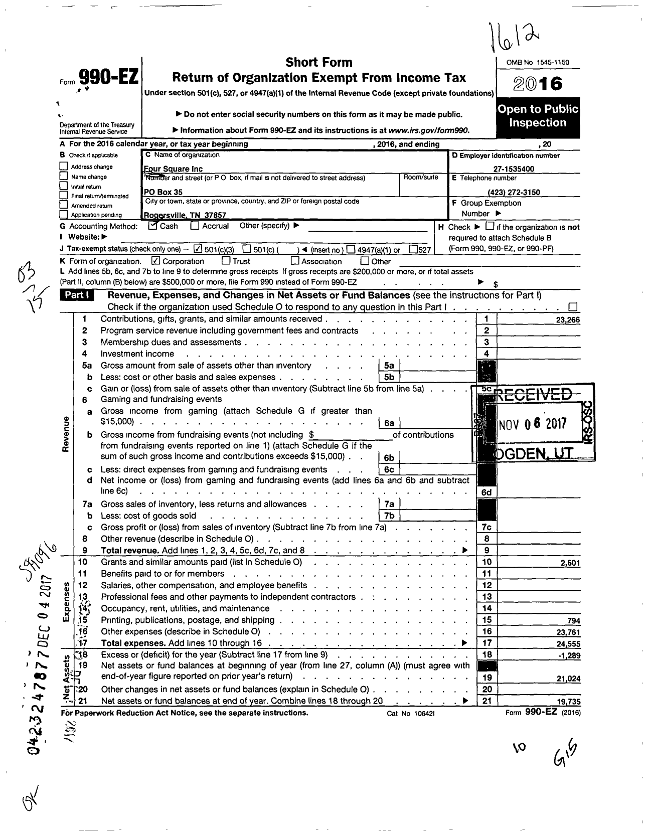 Image of first page of 2016 Form 990EZ for Four Square