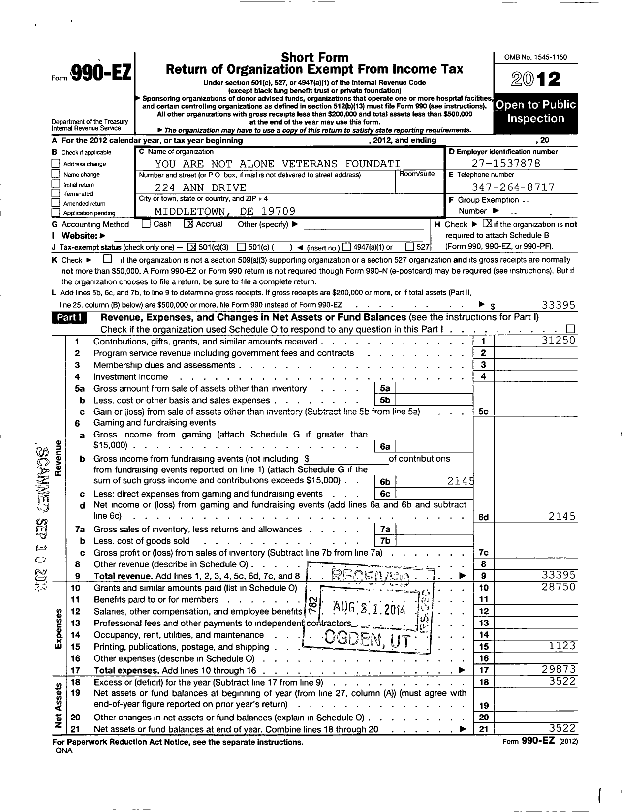 Image of first page of 2012 Form 990EZ for You Are Not Alone Veterans Foundation