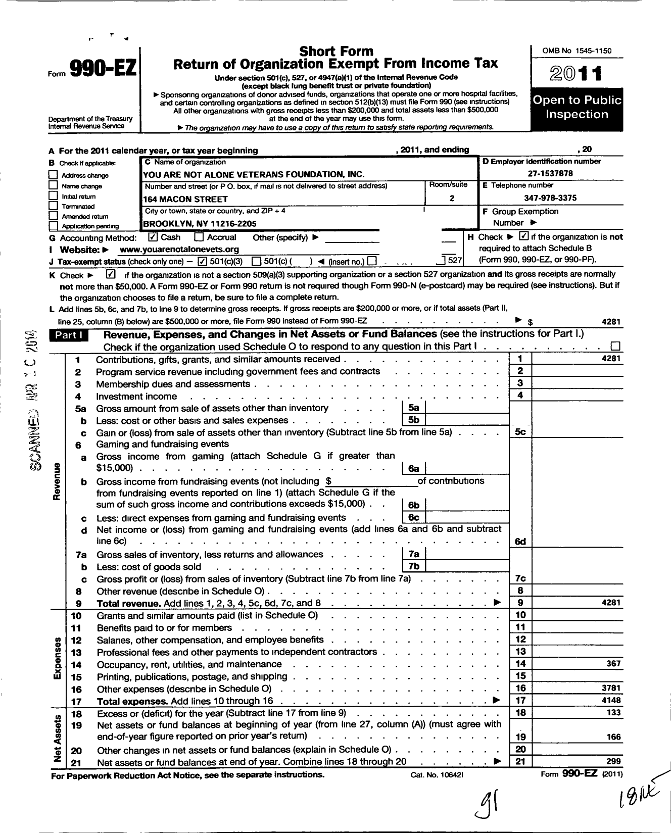 Image of first page of 2011 Form 990EZ for You Are Not Alone Veterans Foundation