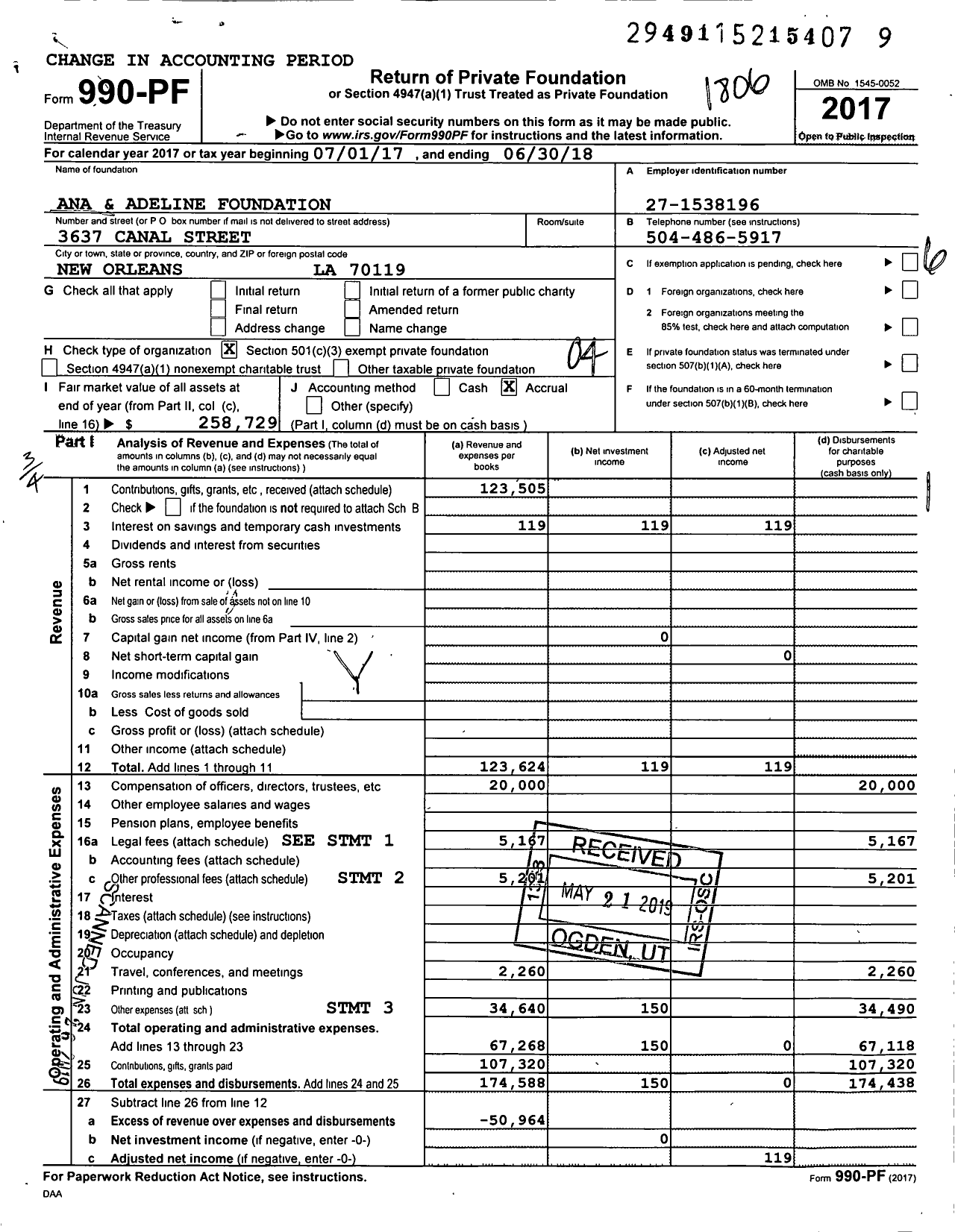 Image of first page of 2017 Form 990PF for Ana and Adeline Foundation